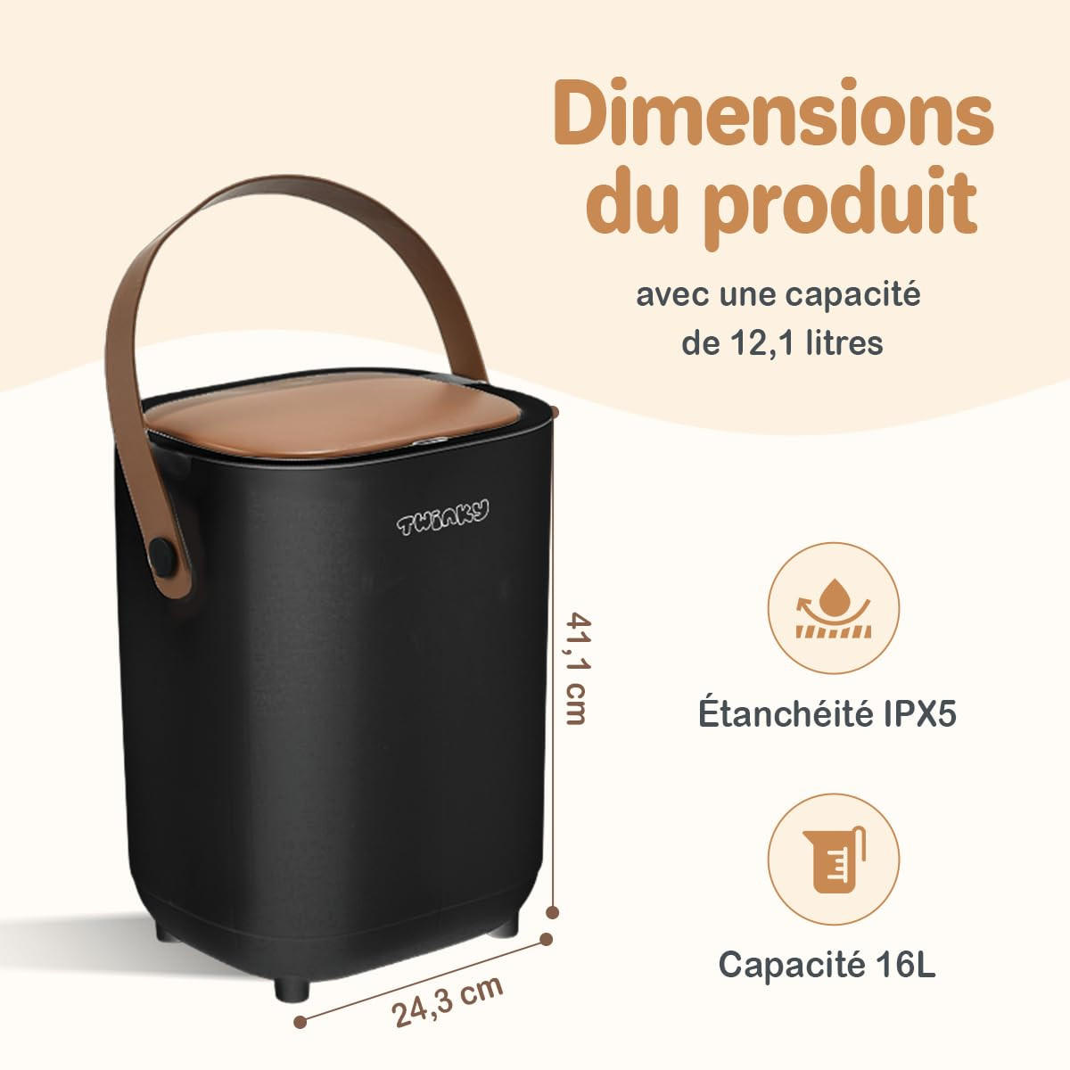 WINDELEIMER Geruchsdicht ohne Kassette Schwarz und Braun - Schwarz/Braun, Kunststoff (24/41/20cm) - Twinky