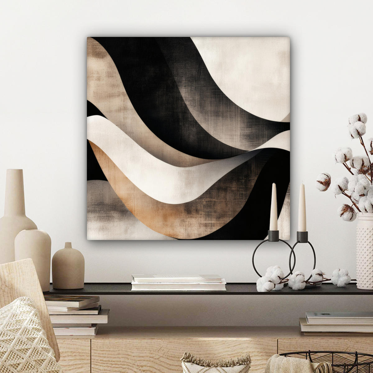 LEINWANDBILD Abstrakt - Wellen - Schwarz - Verwittert Wandbild Wohnzimmer 50x50 cm - Trüffeleichefarben, Textil (50/50cm) - MuchoWow