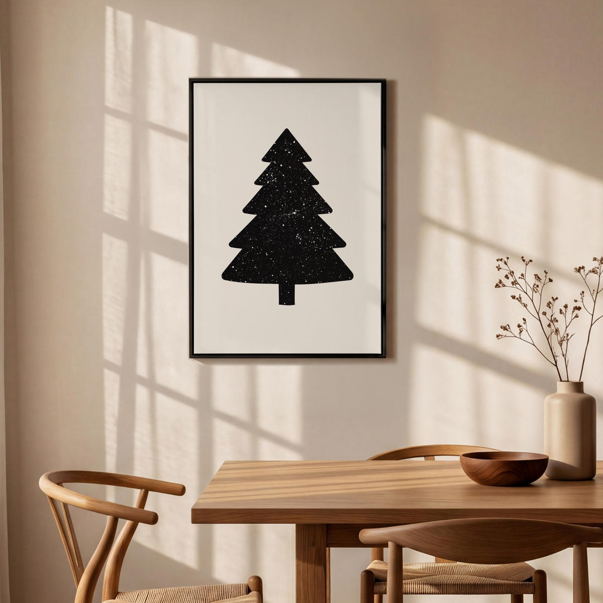 LEINWAND Bilder mit Rahmen - Weihnachtsbaum - Schwarz - Urlaub - Beige - 60x90 - Schwarz, Textil (60/90cm) - MuchoWow