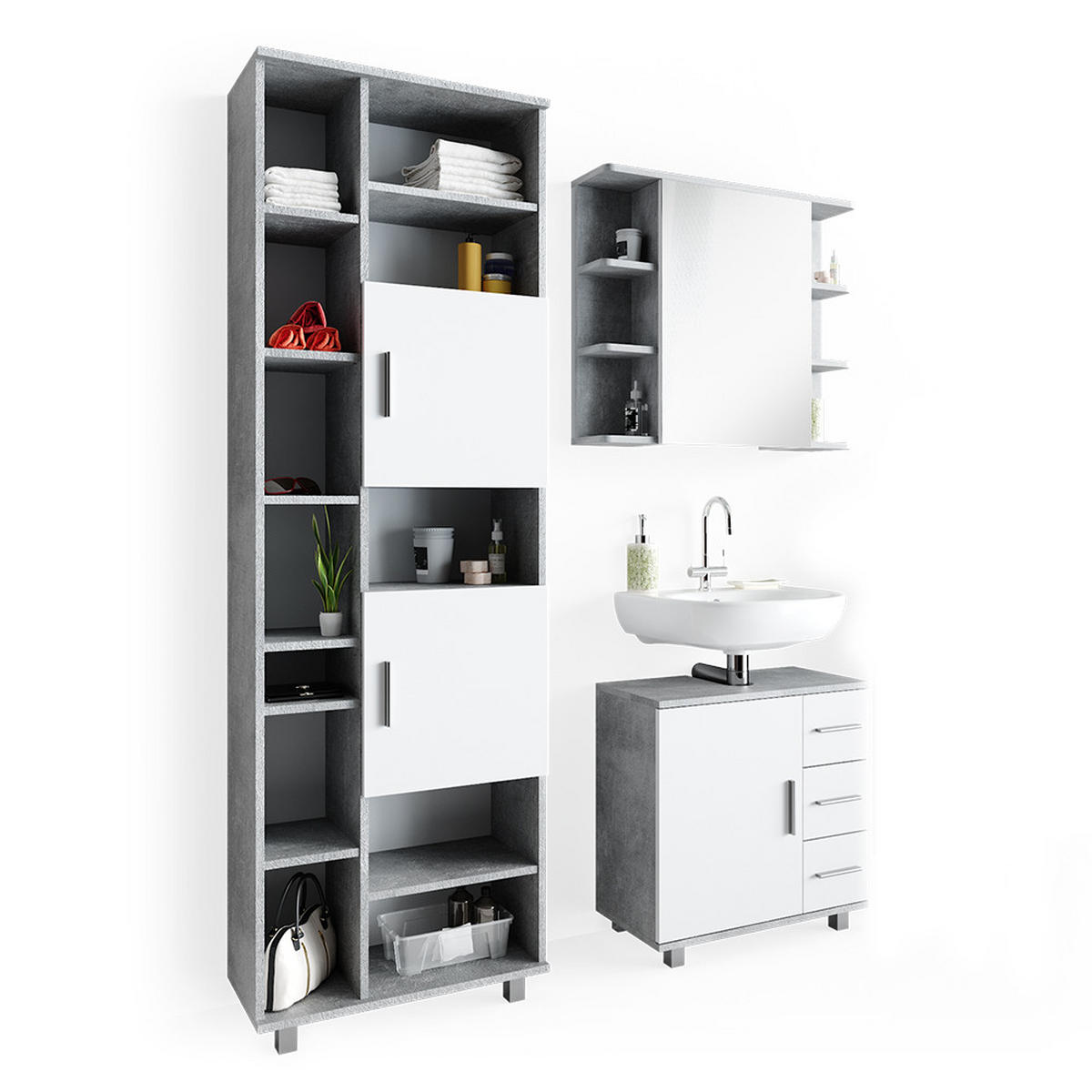 BADMÖBEL-SET Ilias Beton 3 Teile, mit Hochschrank - Weiß/Grau, Holzwerkstoff (60/60.8/33cm) - Vicco