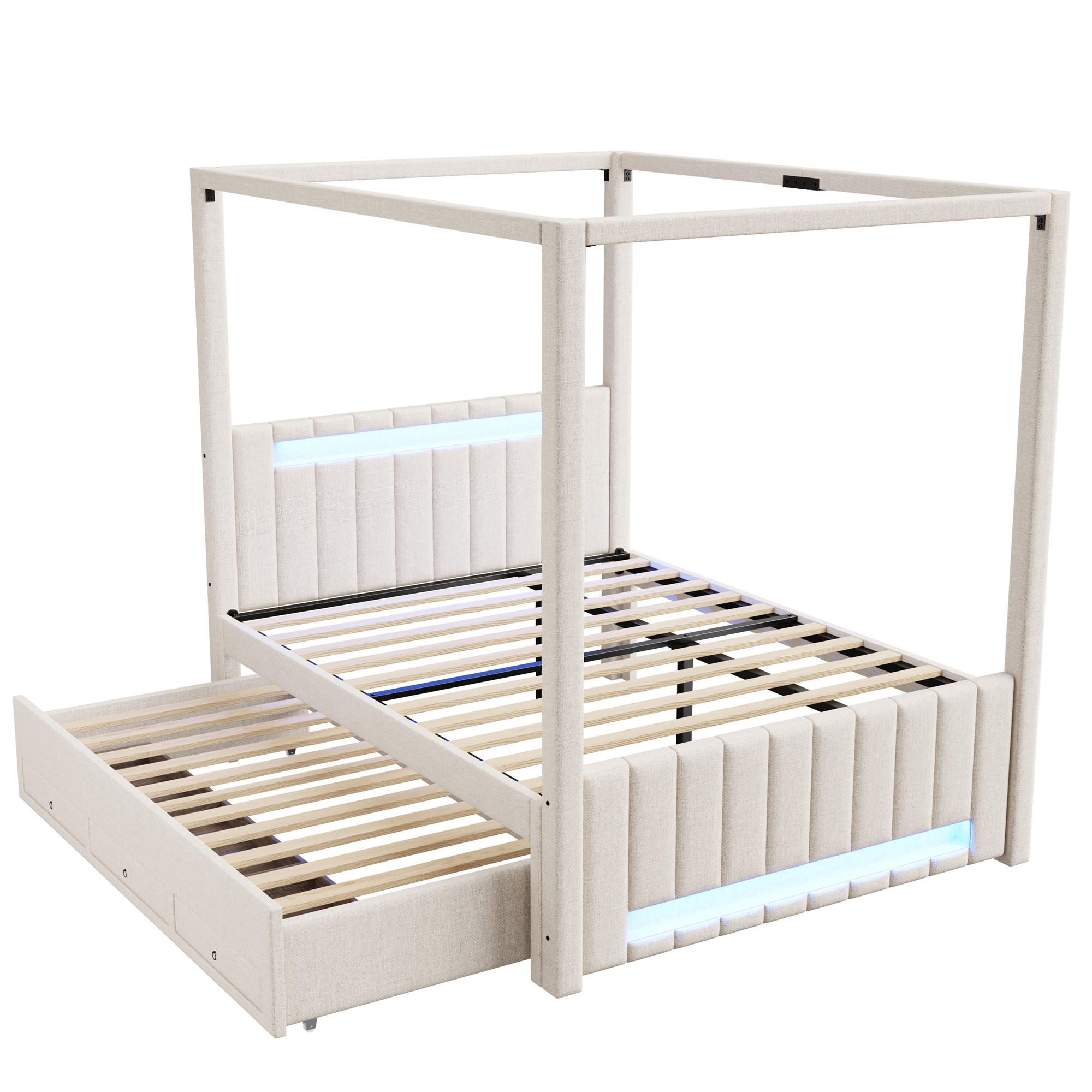 HIMMELBETT 140/200 cm DE-03403, mit Ausziehbett, drei Schubladen und LED-Beleuchtung, in Beige - Beige, Holzwerkstoff (140/200cm) - ComfortXL