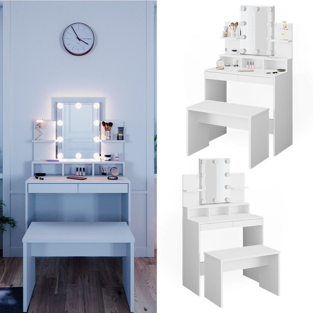 SCHMINKTISCH Ania Weiß 80 cm mit LED Beleuchtung und Bank - Weiß, Holzwerkstoff (80/139.6/40cm) - Vicco