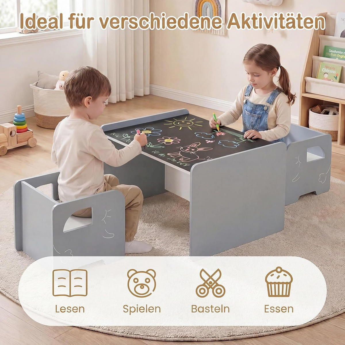 KINDERTISCH mit Stuhl grau(3-tlg) - Grau, Holzwerkstoff (62.5/40/48cm) - COSTWAY