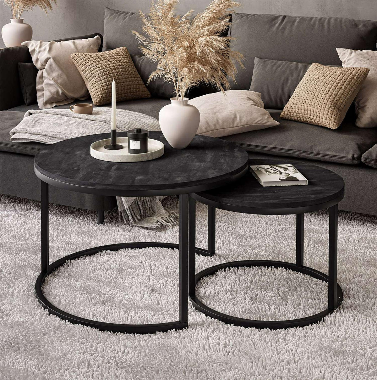 COUCHTISCH 2-in-1 CIRI dunkler Beton - Schwarz, Holzwerkstoff (80/80/48cm) - Lookway