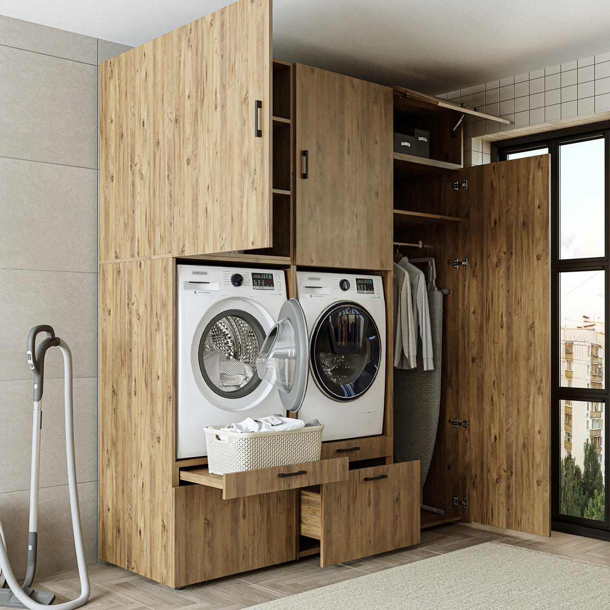 WASCHMASCHINENSCHRANK Serie 2 194cm Breit, 240cm Hoch - Eichefarben, Holzwerkstoff (194/240/67cm)