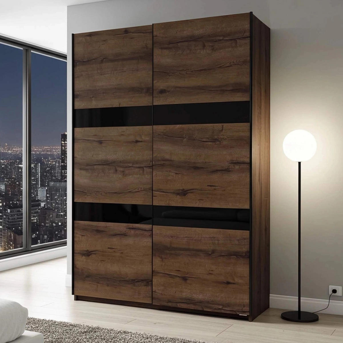 SCHWEBETÜRENSCHRANK Martin 150/215/69 2-türig - Schwarz Hochglanz/Schwarz, Holzwerkstoff/Metall (150/215/69cm) - Ravio