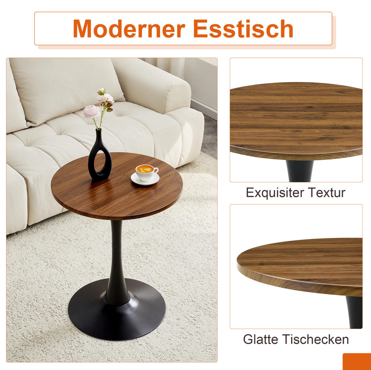 BEISTELLTISCH aus MDF und Metall 60x60x72 cm Walnuss/Schwarz mit runder Tischplatte und stabilem Standfuß - Schwarz, Holzwerkstoff (60/60/72cm) - Modfu