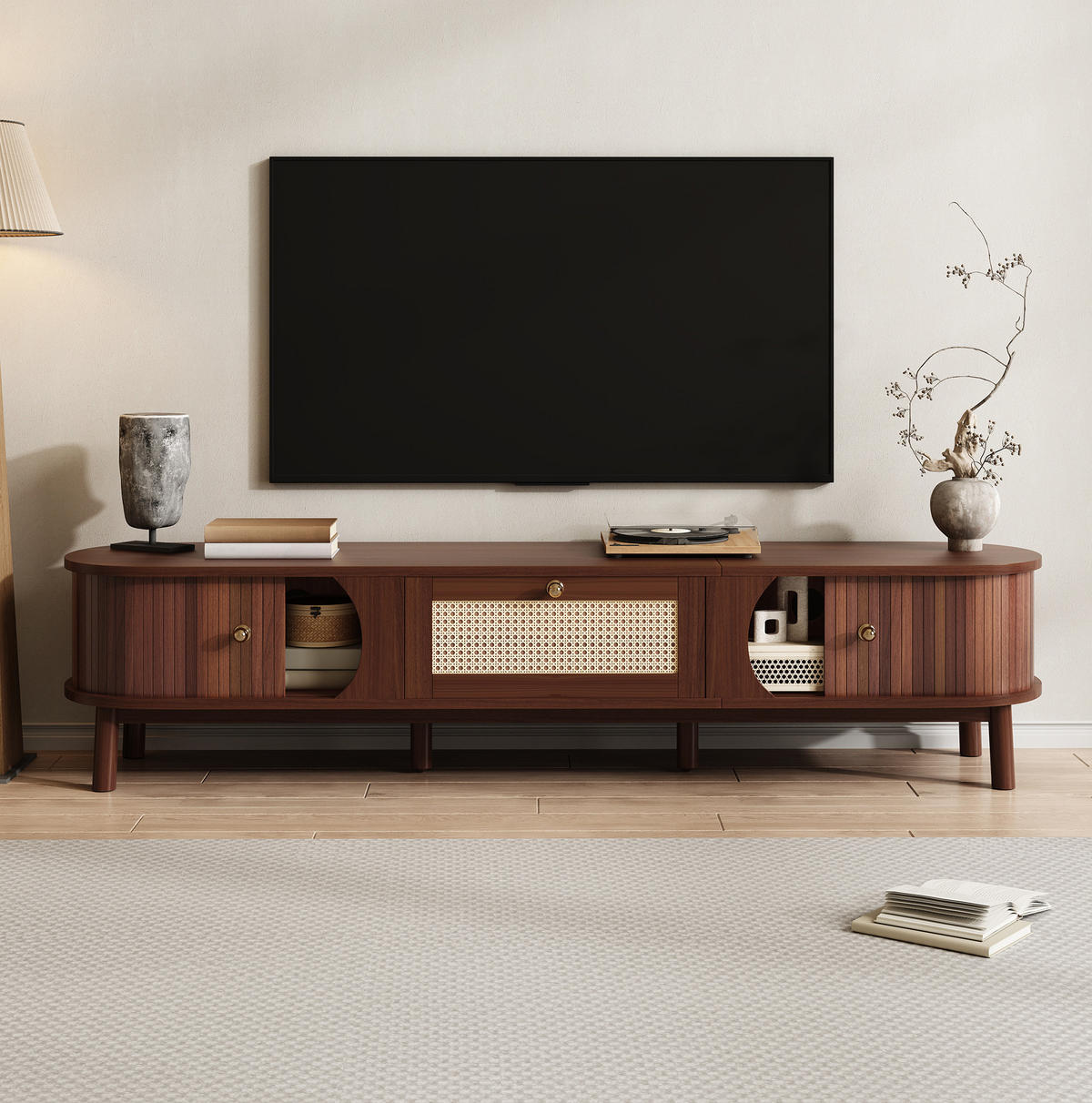 TV-LOWBOARD 170/39,5/38 cm mit Rattanschubladen und Schiebetür - Eichefarben, Holzwerkstoff (170/38/39.5cm) - BEAOK