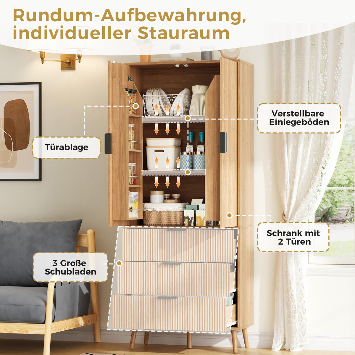 HIGHBOARD DE-38756 75/35/180 cm 2 Türen und 3 Schubladen Natur - Naturfarben, Holzwerkstoff (75/180/35cm) - ComfortXL