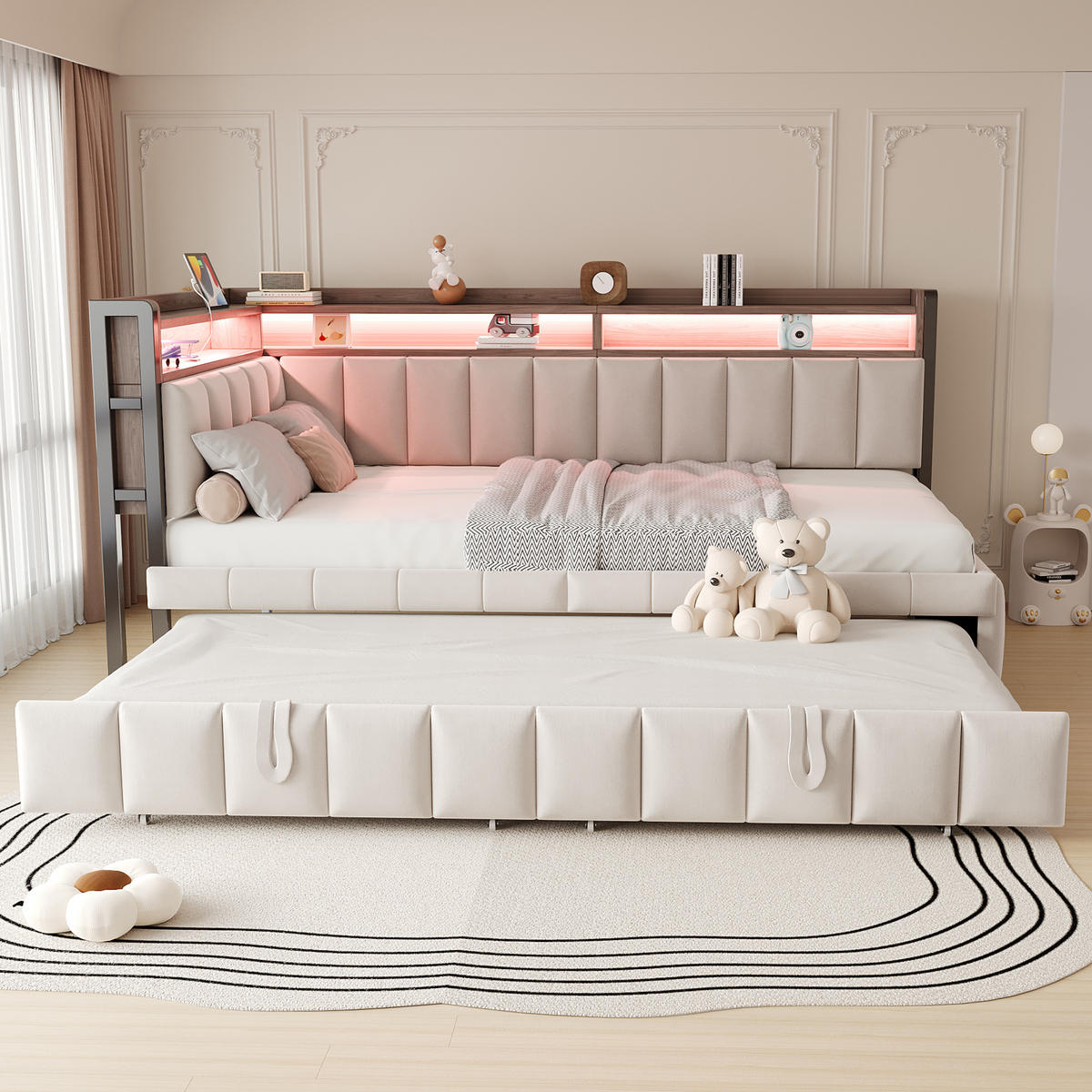 SCHLAFSOFA 90/200 cm & 90/190 cm in Beige Samt mit Ausziehbett, LED und USB - Beige, Holzwerkstoff/Textil (90/200cm) - WISHDOR