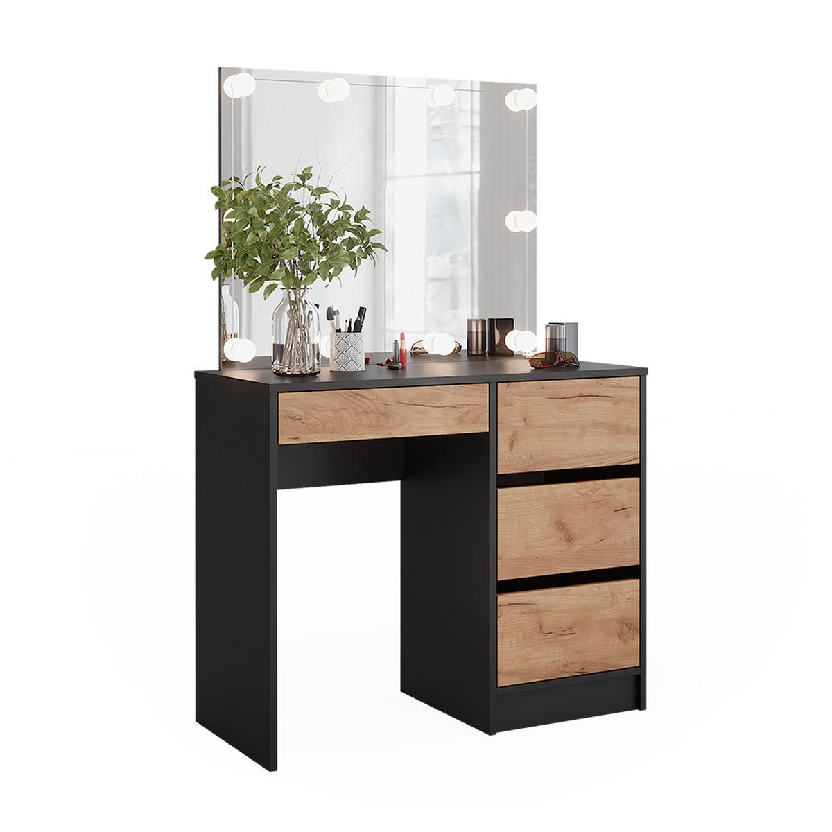 SCHMINKTISCH Sherry Anthrazit/Goldkraft Eiche 90 x 75 cm mit Spiegel & LED-Beleuchtung - Honigeiche/Anthrazit, Holzwerkstoff (90/75/40cm) - Vicco