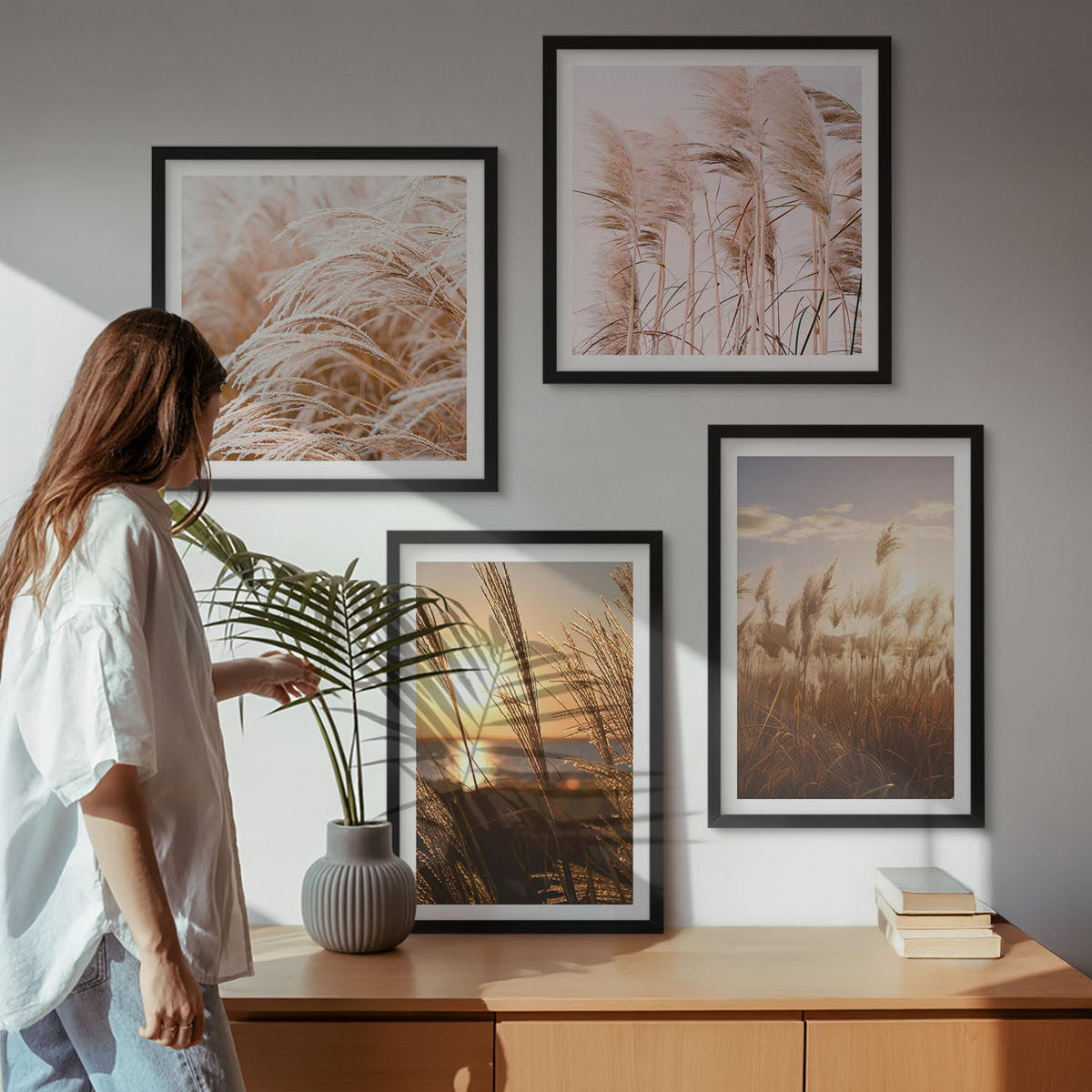 BILDER SET 4er Set - 50x50 cm & 40x60 cm Schwarzer Rahmen - Boho-Grasfeld-Sonnenuntergang - Schwarz, Kunststoff (50/50cm) - TULUP