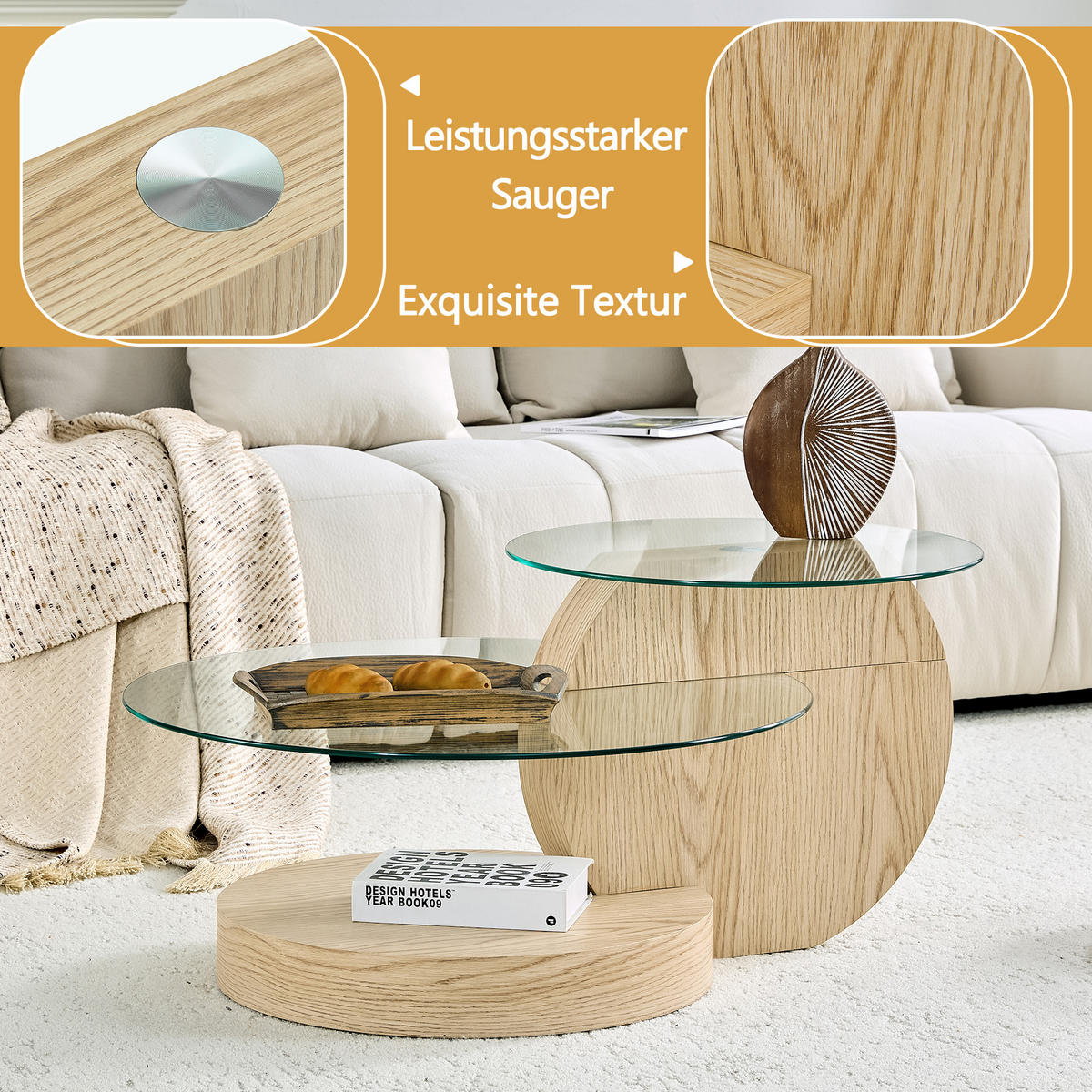 COUCHTISCH in Naturfarbe Wohnzimmertisch mit zwei Ebenen aus Sicherheitsglas für Wohnzimmer, B90/T70/H44 cm - Transparent/Naturfarben, Glas/Holzwerkstoff (90/90/44cm) - STILVORA