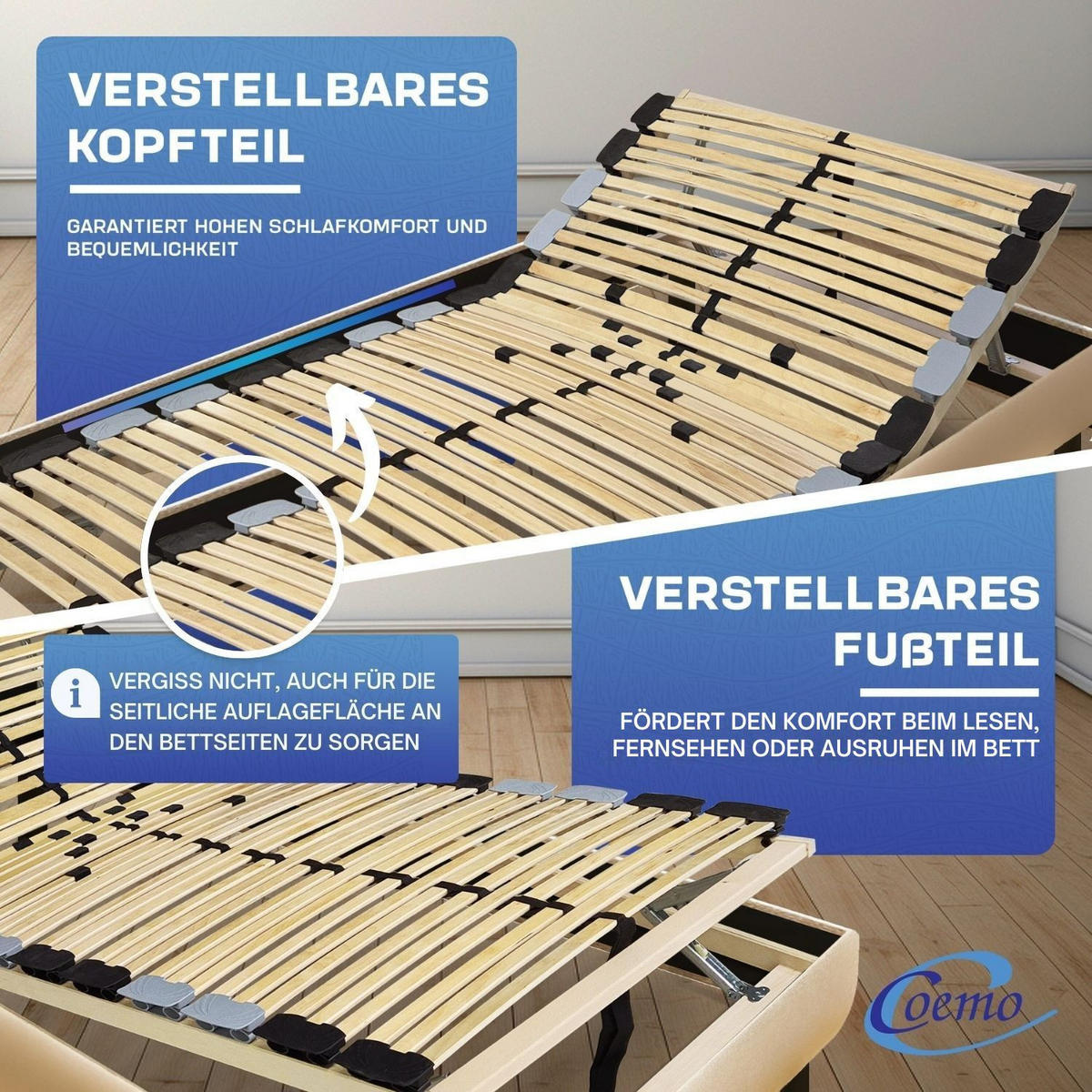 LATTENROST PREMIUM KF 90x200 cm Kopf-Fußteil verstellbar - Naturfarben, Holz (90/200cm) - Coemo