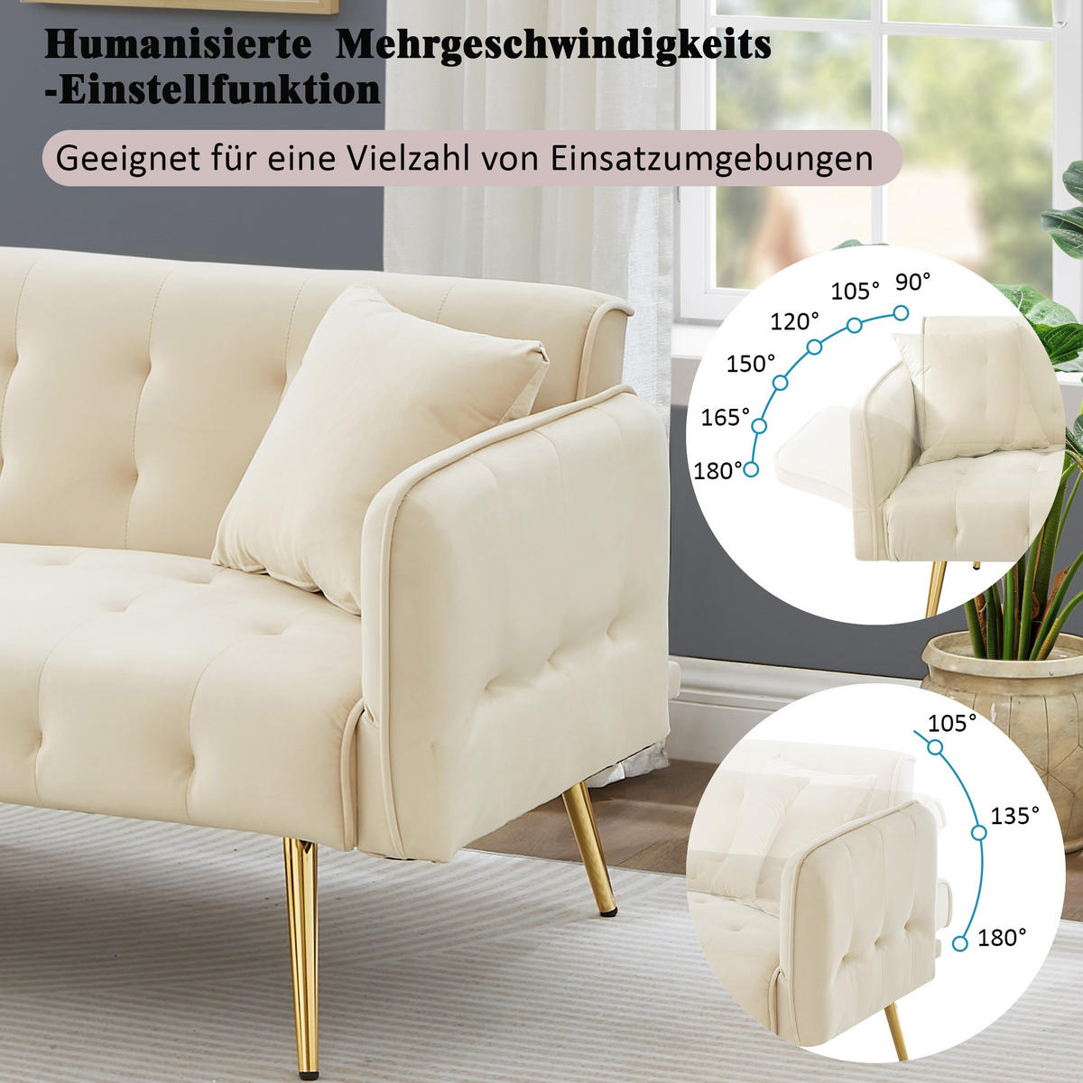 2-SITZER Sofabett Samt mit verstellbarer Rückenlehne und Armlehnen Beige 178/82/70 cm - Beige, Textil (82/70/178cm) - Redom