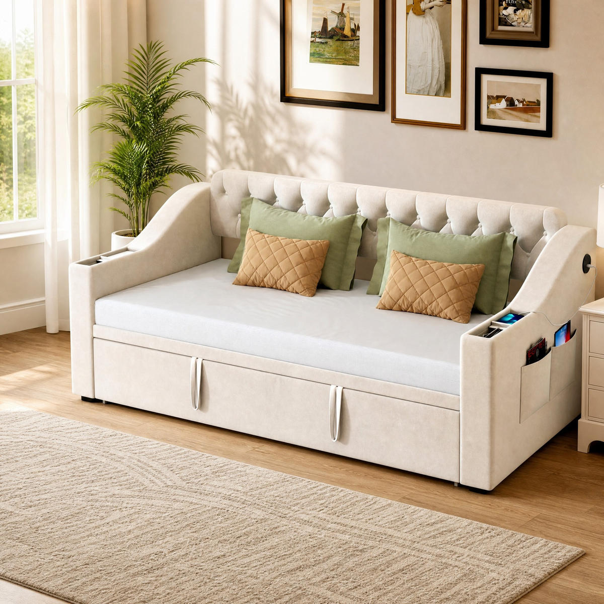 POLSTERBETT 90/190 mit Ausziehbett, USB, Ablagefächern und Lattenrost in Beige - Beige, Holzwerkstoff/Textil (90/190cm) - EVRYAE