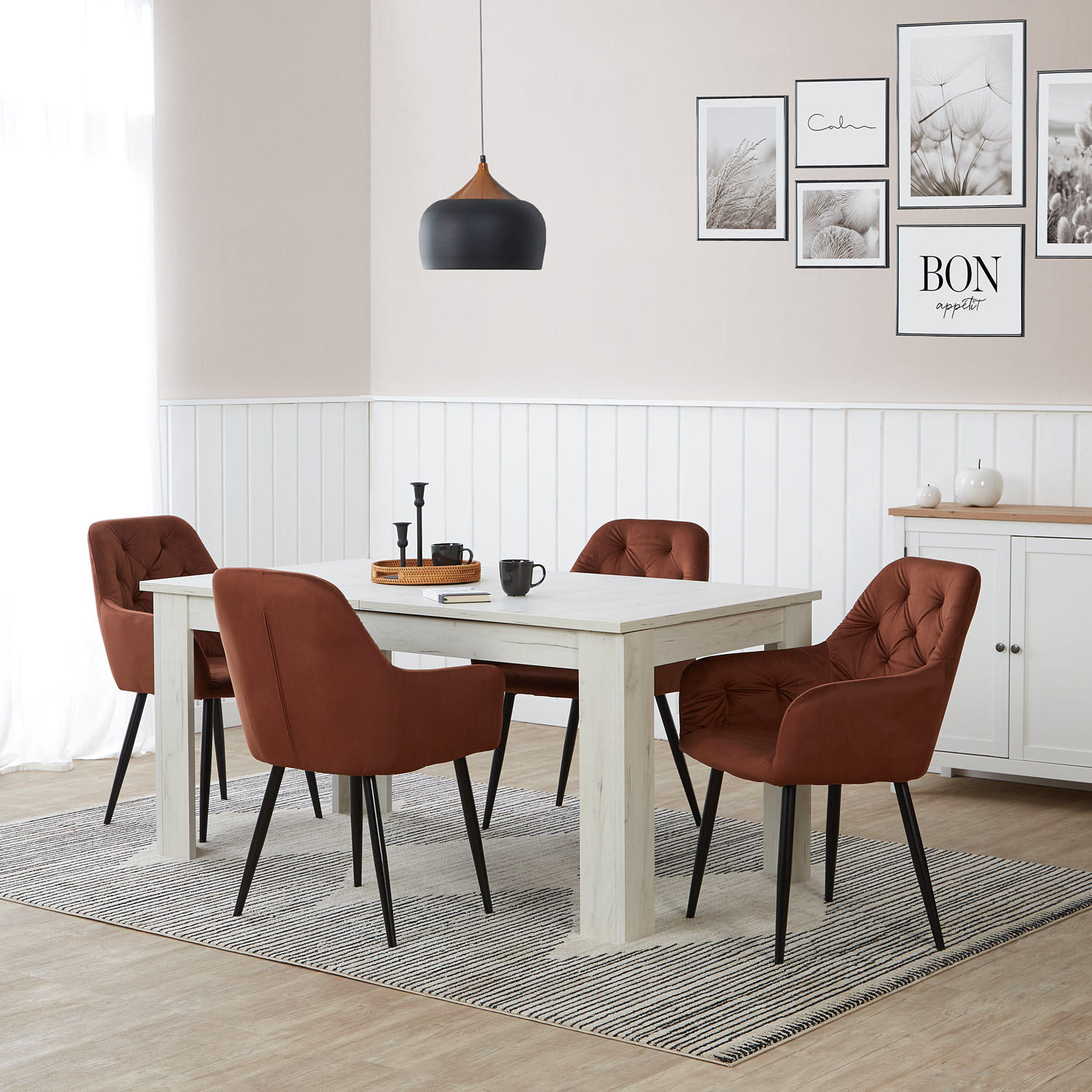 TISCHGRUPPE ausziehbar 160-200/90 cm weiß mit 4 Stühle Samt braun - Weiß/Braun, Holz/Textil (160/88/90cm) - Homestyle4u