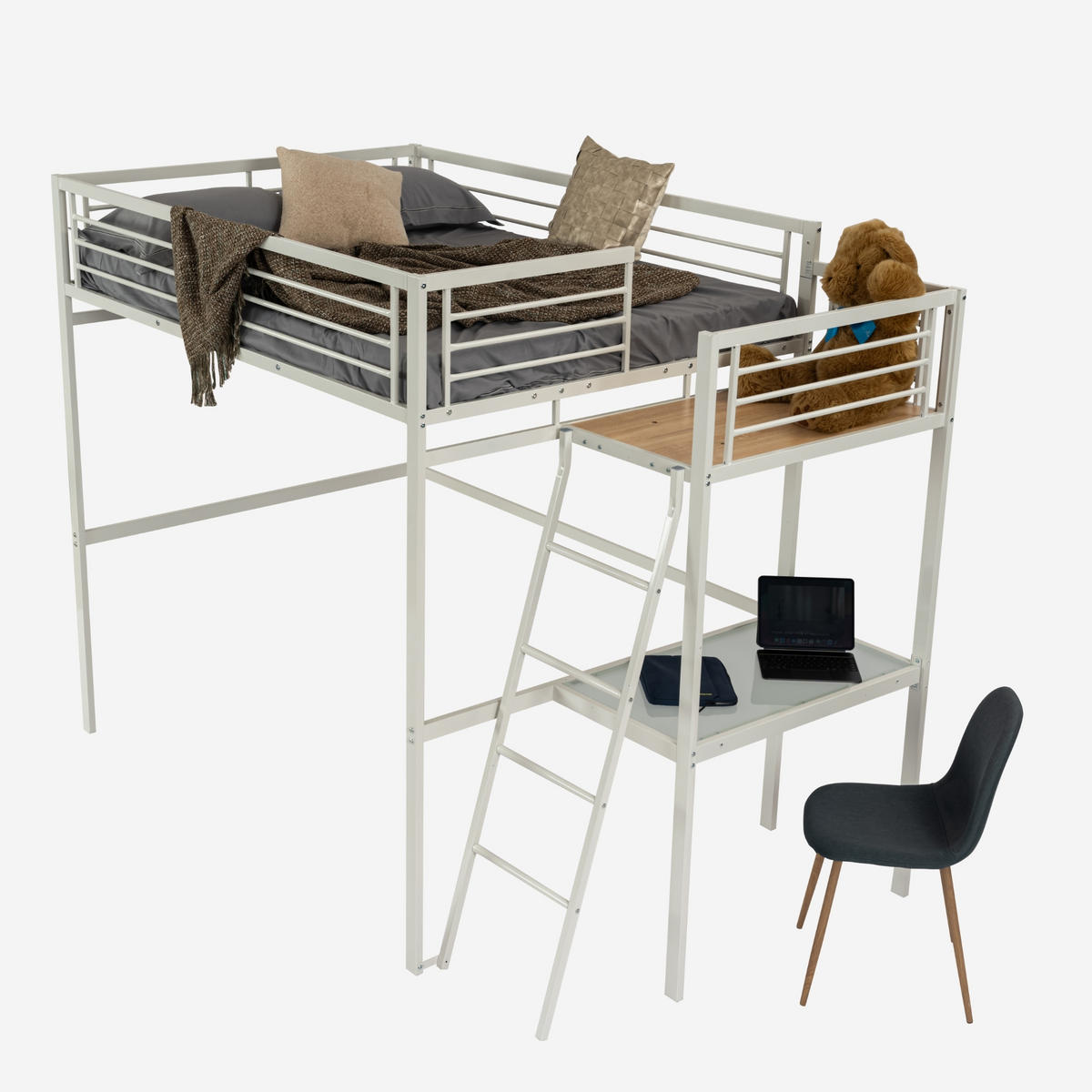 HOCHBETT Metall Weiß 140x200 cm – Loftbett mit Arbeitsbereich, Leiter und Sicherheitsgeländer - Weiß, Metall (145.5/201cm) - Meubles Cosy