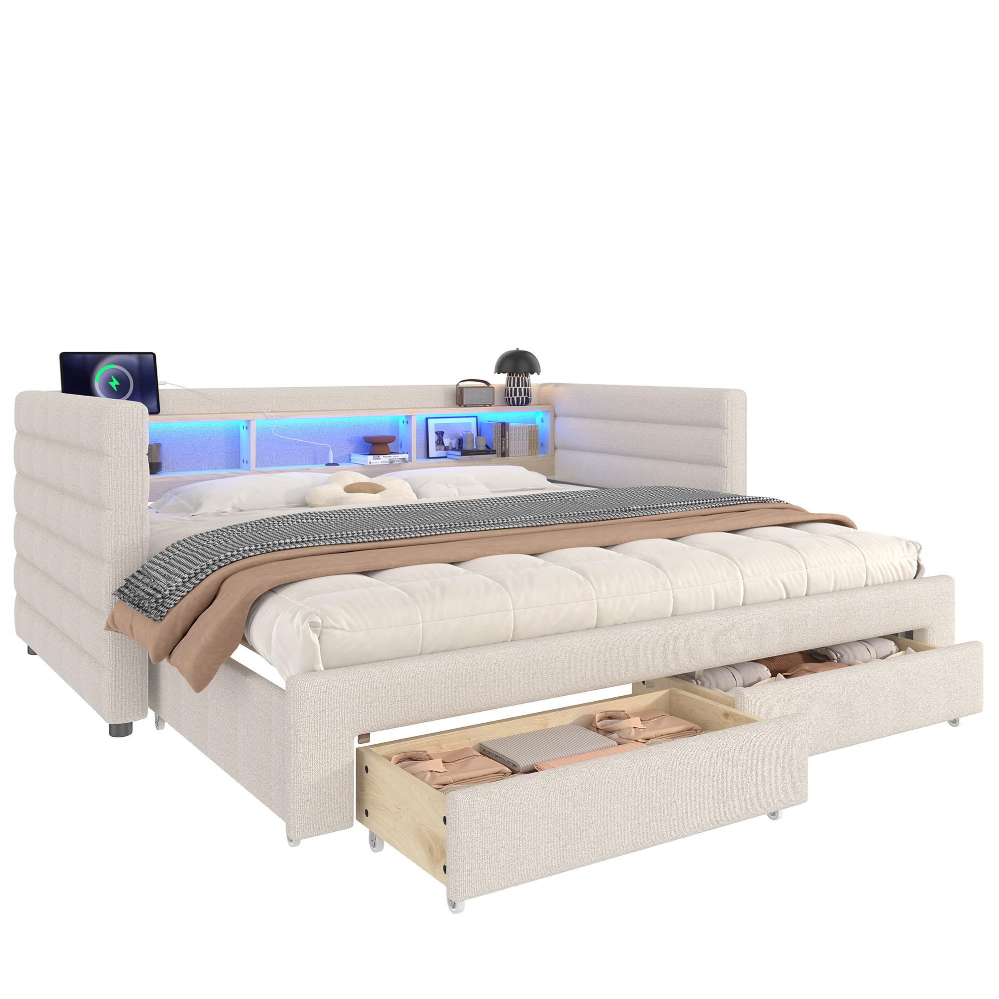 WISHDOR ROZKLÁDACÍ POHOVKA 90/190 cm v béžovém sametu se 2 zásuvkami, LED osvětlením, USB a Type-C