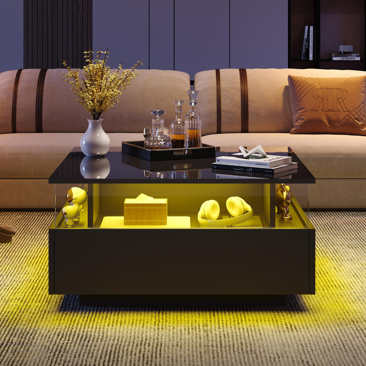 COUCHTISCH mit LED 70x70 cm Schwarz mit 2 Schubladen - Schwarz, Holzwerkstoff (70/70/41cm) - Meubliv