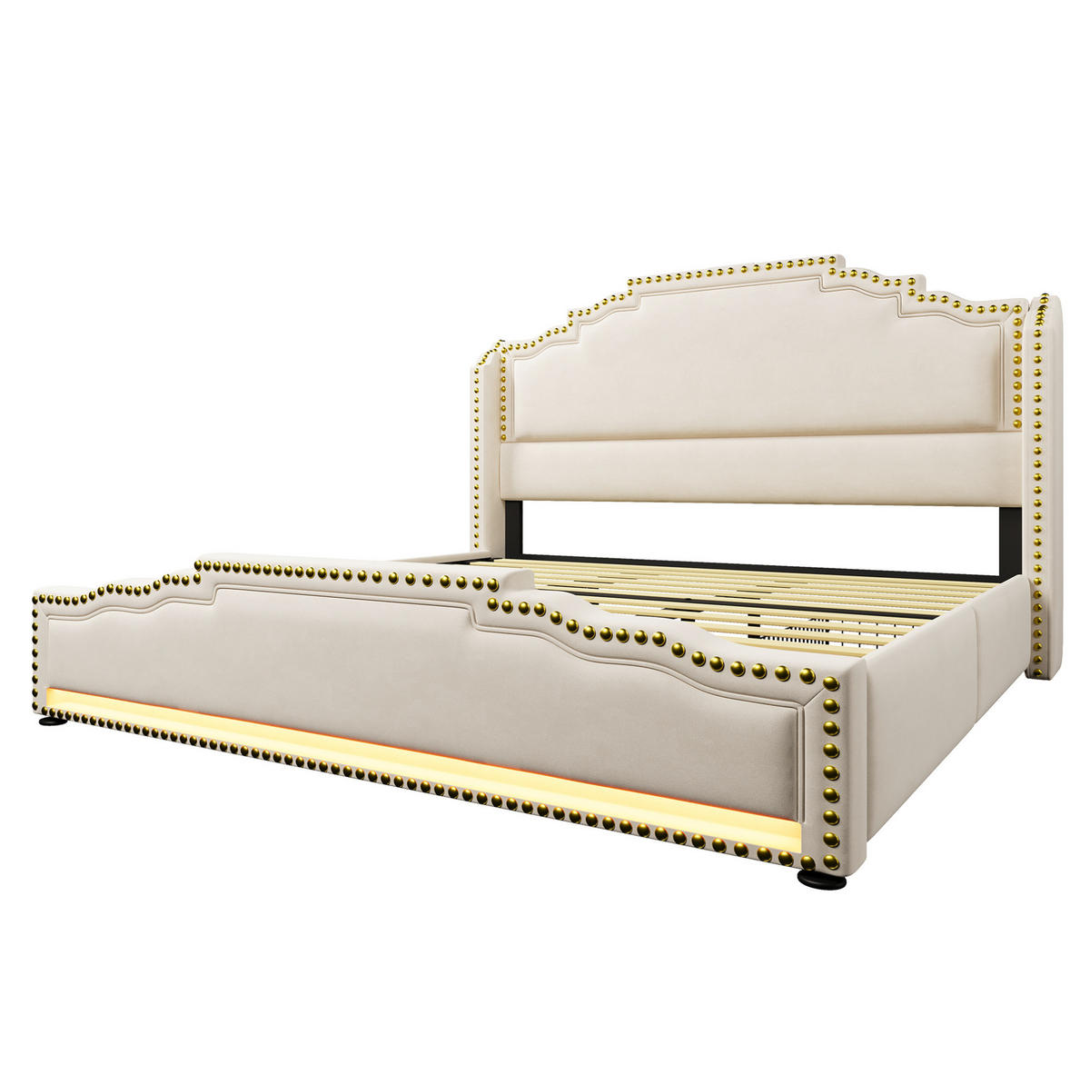 POLSTERBETT 180/200 cm aus Samt mit LED-Beleuchtung, USB-C und 4 Schubladen Beige - Beige, Textil (180/200cm) - Modenvie