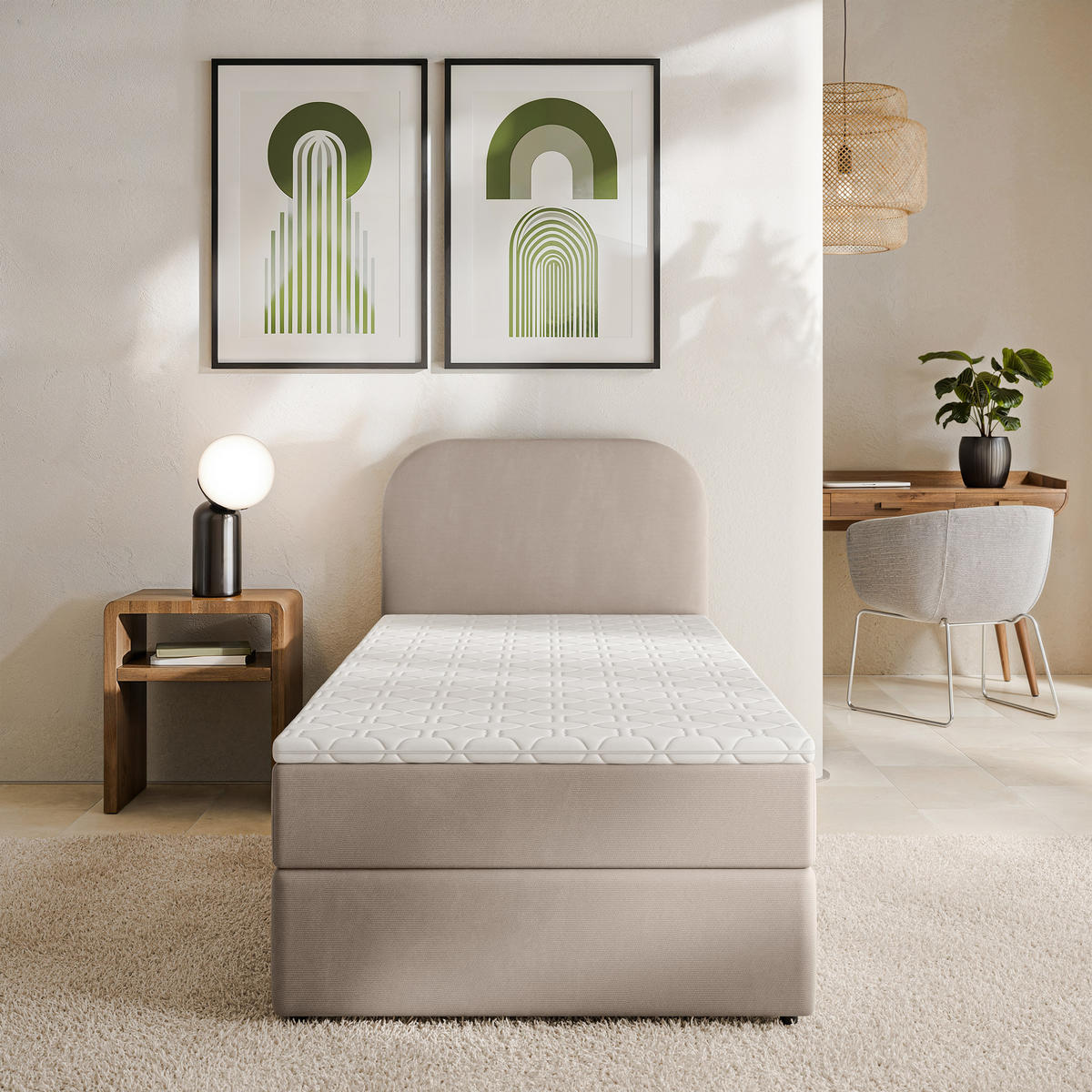 BOXBETT CERIA 80x200 cm mit Matratze und Topper - Beige - Beige, Holz/Textil (80/200cm) - MASSENO