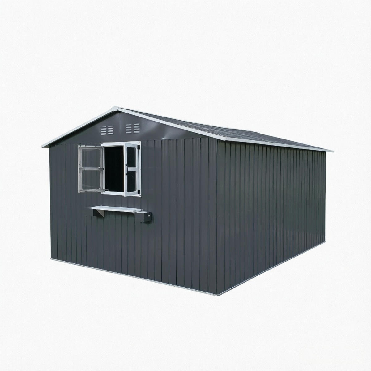 GERÄTEHAUS 359.4/284.2/206.9 cm Anthrazitgrau mit 3 öffenbaren Fenstern, abschließbaren Doppeltüren und Blumenregal (10,21 m²) - Anthrazit, Metall (303.8/204.9/370.8cm) - Oxeza