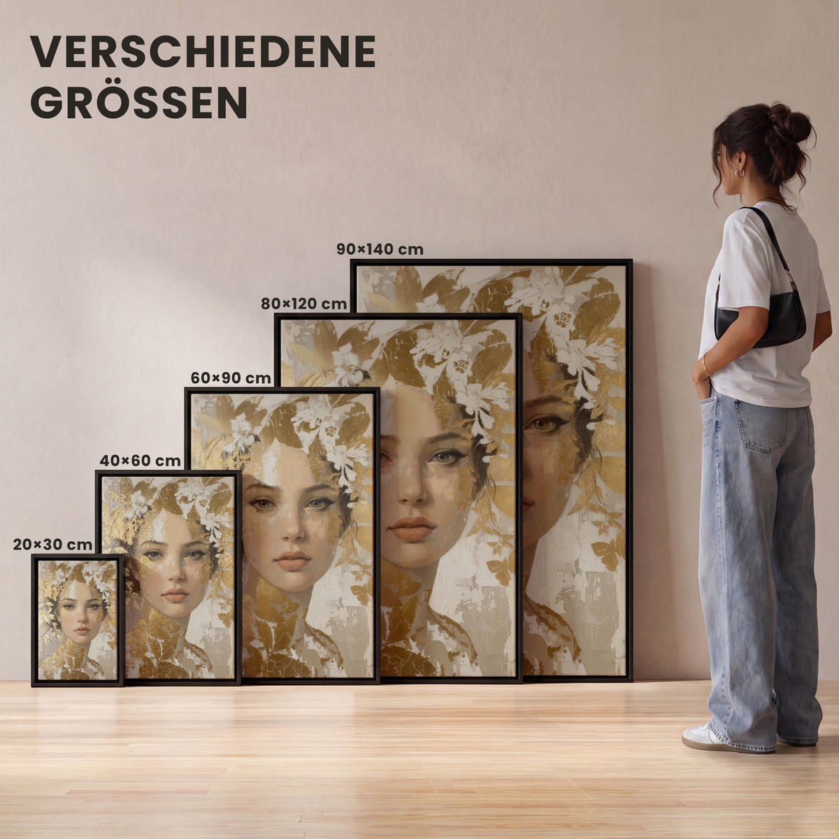 LEINWAND Bilder mit Rahmen - Gesicht - Frau - Blätter - Gold - 20x30 - Beige, Textil (20/30cm) - MuchoWow