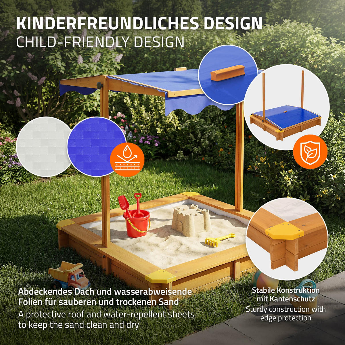 SANDKASTEN MIT DACH 118x118 cm Natur aus Massivholz - Naturfarben, Holz (118/118/119cm) - ML-DESIGN