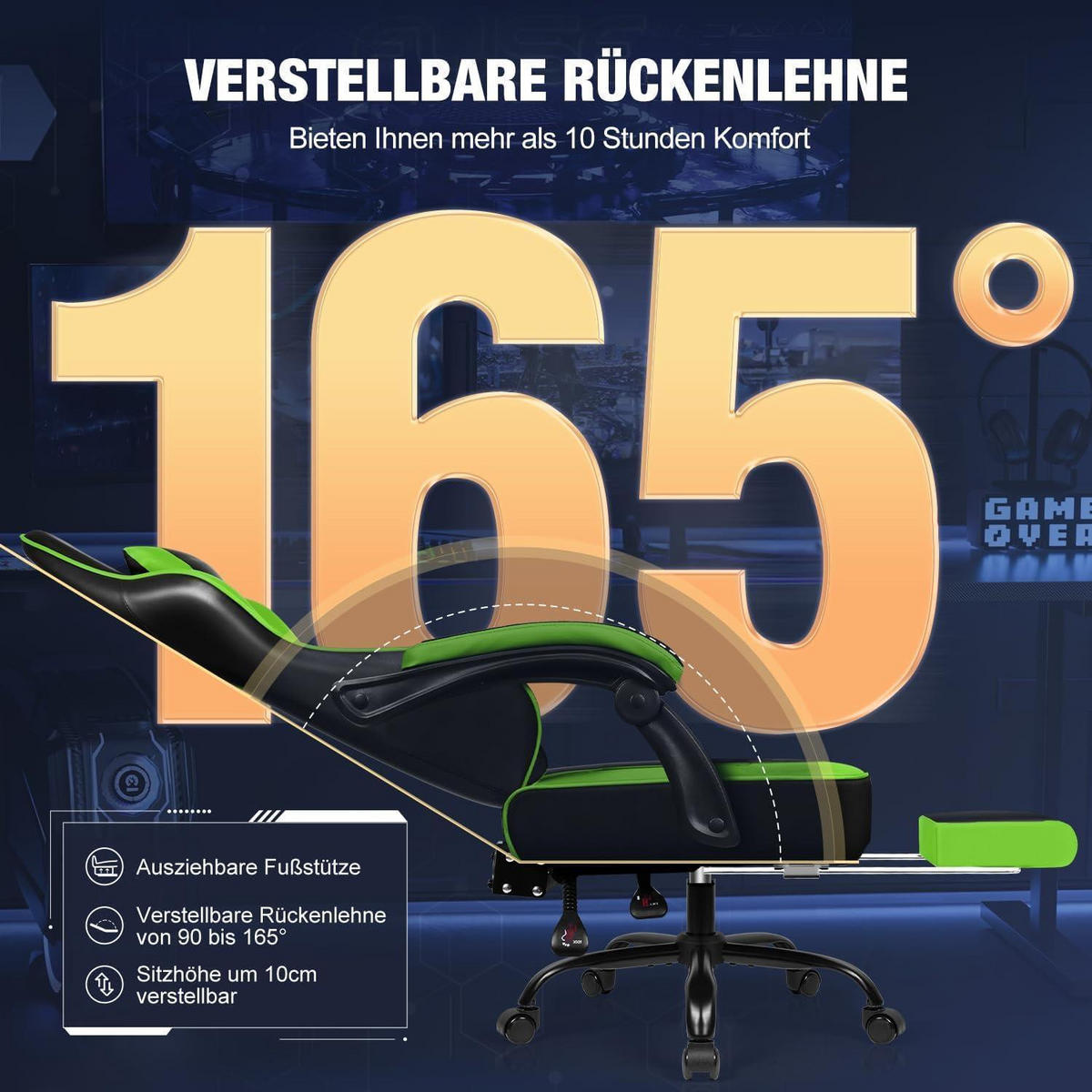 GAMING Stuhl Grün mit Fußstütze und verstellbaren Kissen - Grün, Kunststoff (71/139/71cm)