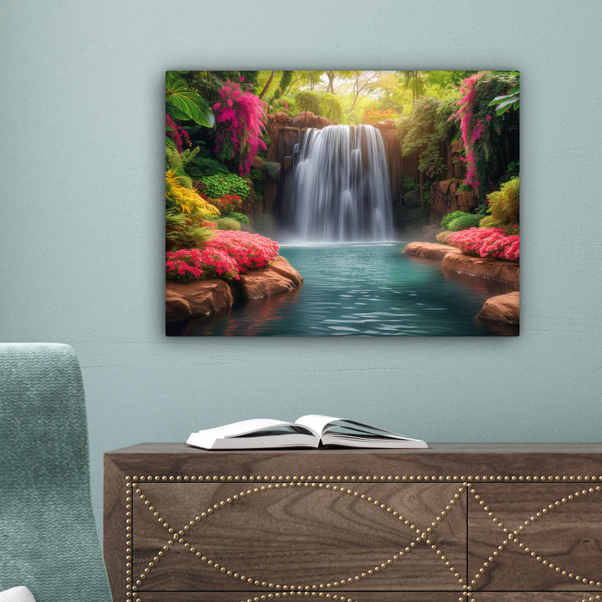 LEINWANDBILD Wasserfall - Natur - Pflanzen - Dschungel - Wasser 40x30 cm - Grün, Textil (40/30cm) - MuchoWow