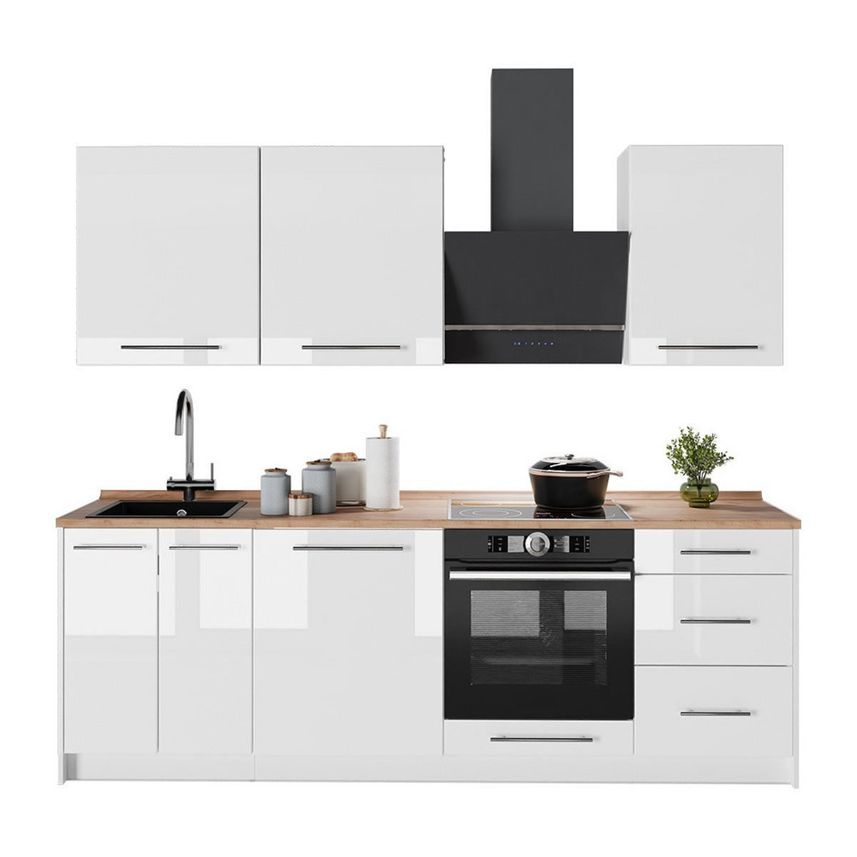KÜCHENZEILE Fame-Line, Weiß Hochglanz/Weiß, 230 cm, AP Eiche - Weiß Hochglanz/Weiß, Holzwerkstoff (230/82/60cm) - Vicco