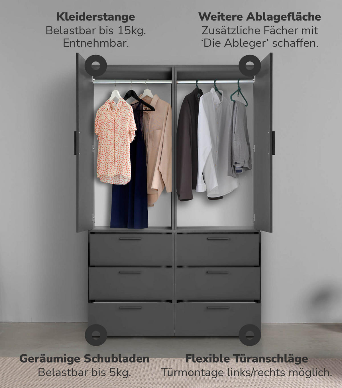 KLEIDERSCHRANK Der Grenzenlose - Anthrazit, Holzwerkstoff (120/187/58cm) - Mokebo