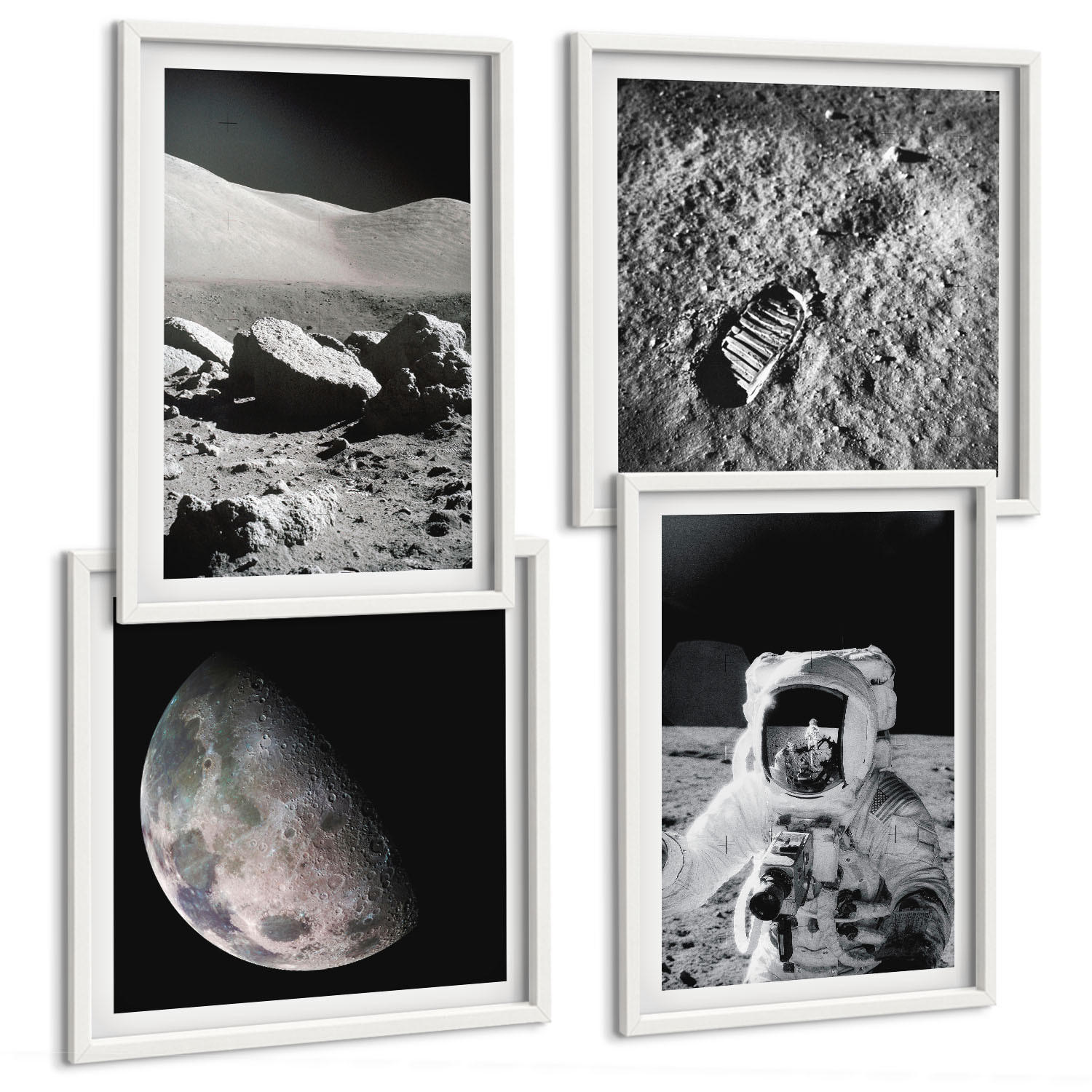 BILDER SET 4er Set - 50x50 cm & 40x60 cm Weißer Rahmen - Fußabdruck eines Astronauten auf dem Mond - Weiß, Kunststoff (50/50cm) - TULUP