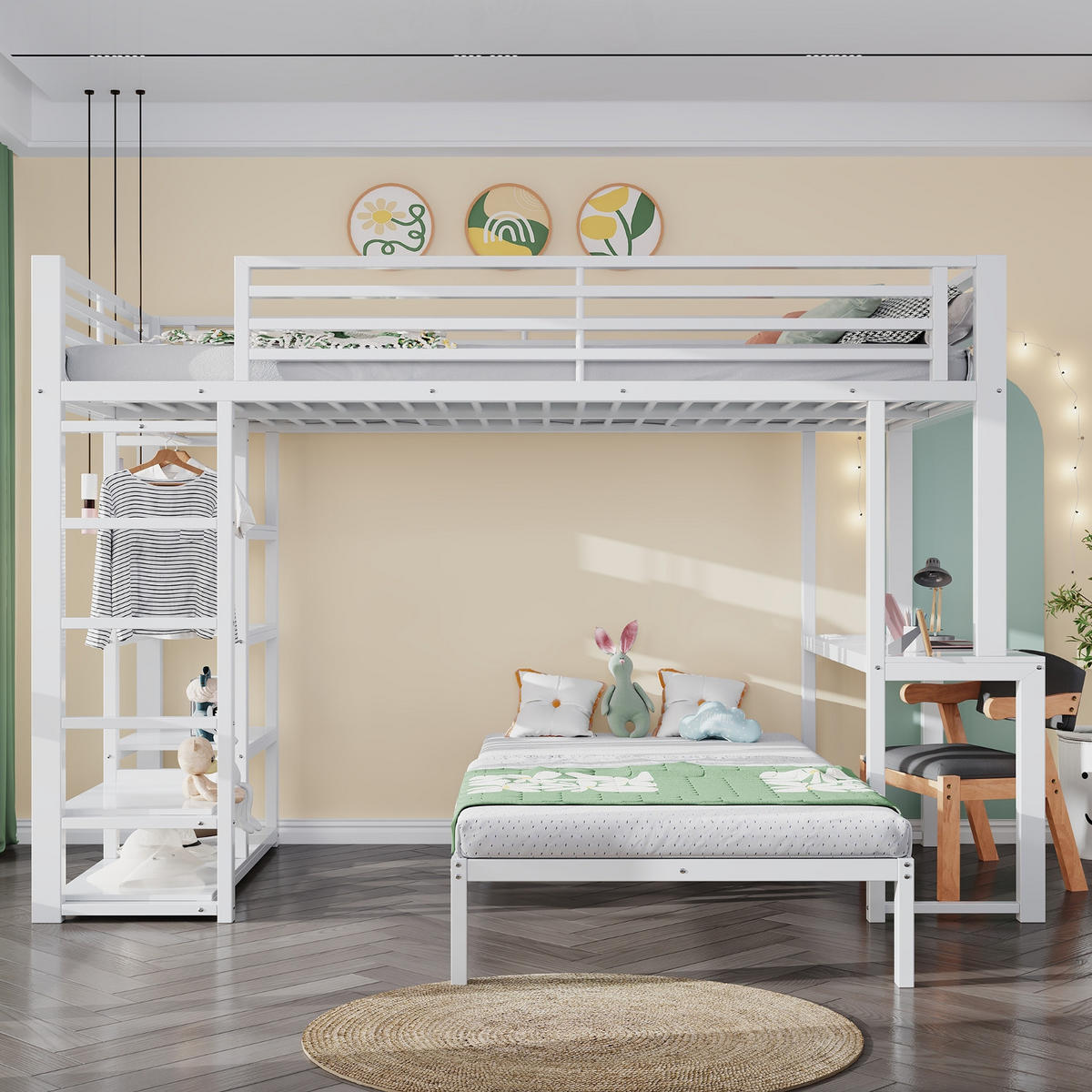 ETAGENBETT 90/200 cm Weiß mit Schreibtisch, Kleideraufbewahrung, USB- und Type-C-Schnittstelle - Weiß, Metall (90/200cm) - Oxeza