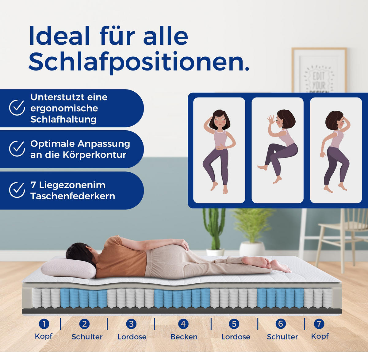 TASCHENFEDERKERNMATRATZE 90/200 cm H3/H4, 20 cm hoch, 7 Zonen, wendbar - Grau, Textil (90/200cm)