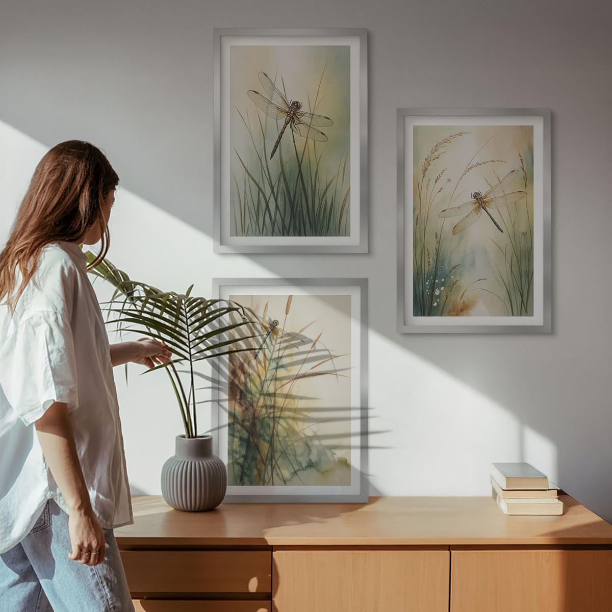 WANDBILDER 3er Set - 40x60 cm Silberner Rahmen - Libellengräser über dem Wasser - Silberfarben, Kunststoff (40/60cm) - ArtPrintCave