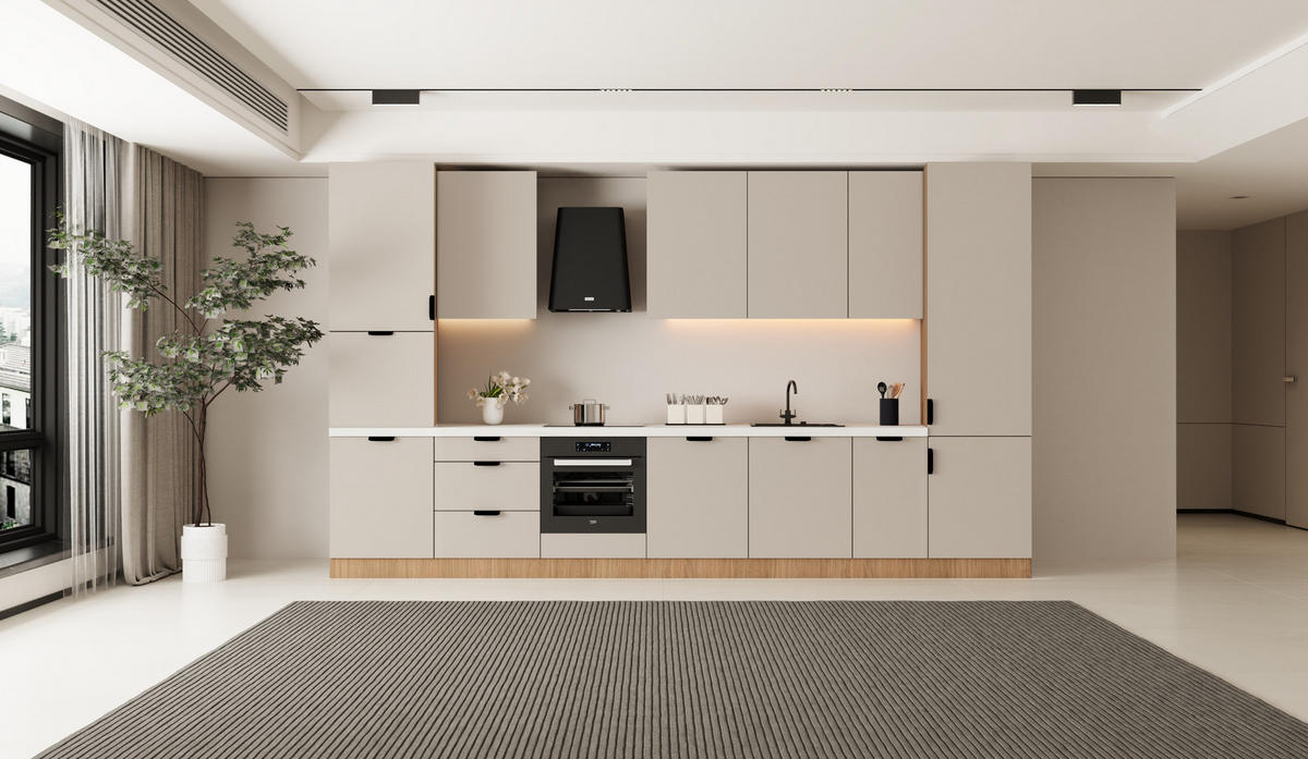 KÜCHENZEILE 400 cm - Sorento KS9-M400 - in Beige / Sonoma Eiche - Beige/Schwarz, Holz/Metall (400/247/58cm)