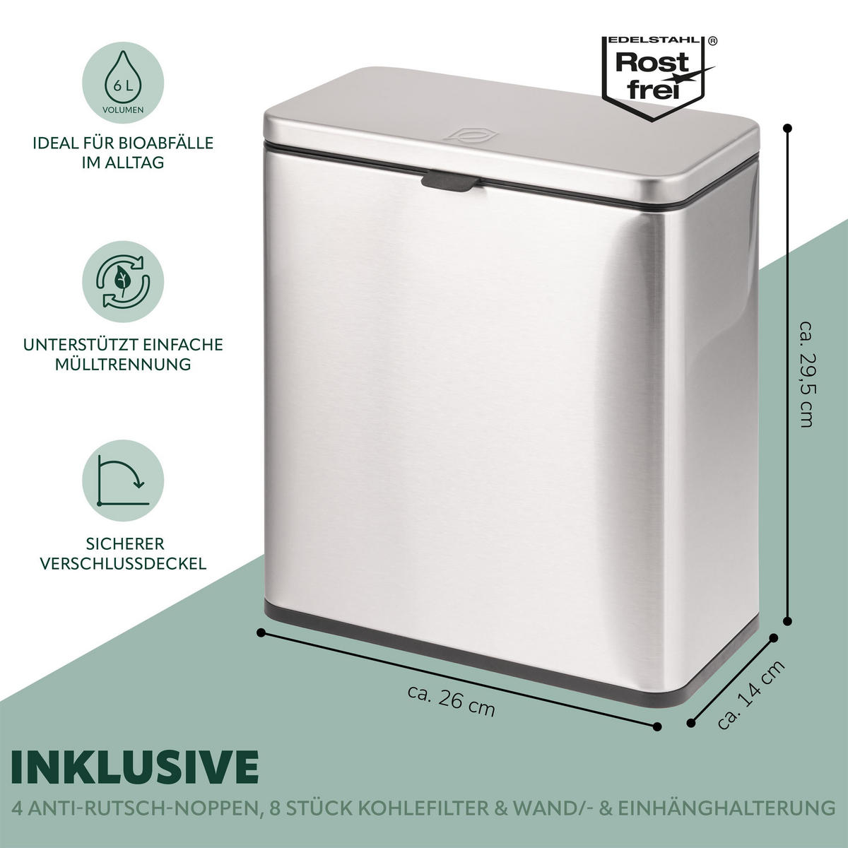 BIOMÜLLEIMER 6L, silber - Edelstahlfarben, Metall (26/29.5/14cm) - eluno