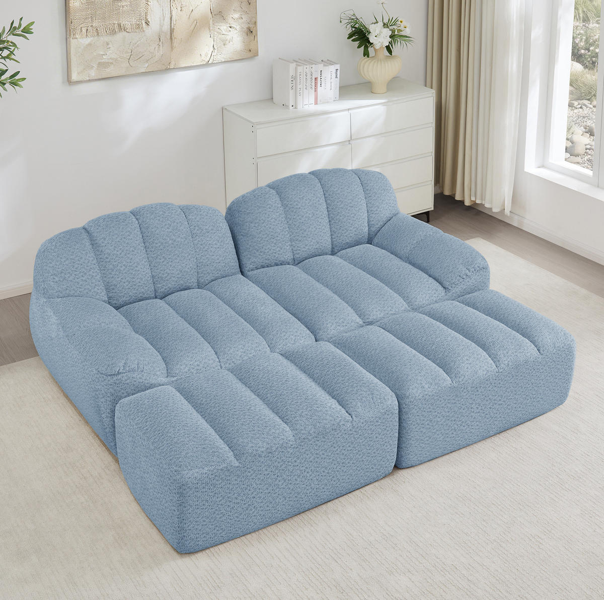 SOFA 210/165/79 cm in Blau aus Fleece mit Ottoman - Blau, Textil (165/79/210cm) - Flora Grace