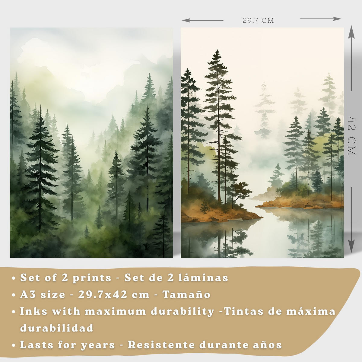 PLAKAT Sada 2 dekorativních tisků Nordic Forest Landscape Moderní obývací pokoj Obrázky - zelené a hnědé dekorativní plakáty A3 Bílý rám - bílá, papír (29.7/42/3cm) - Nacnic