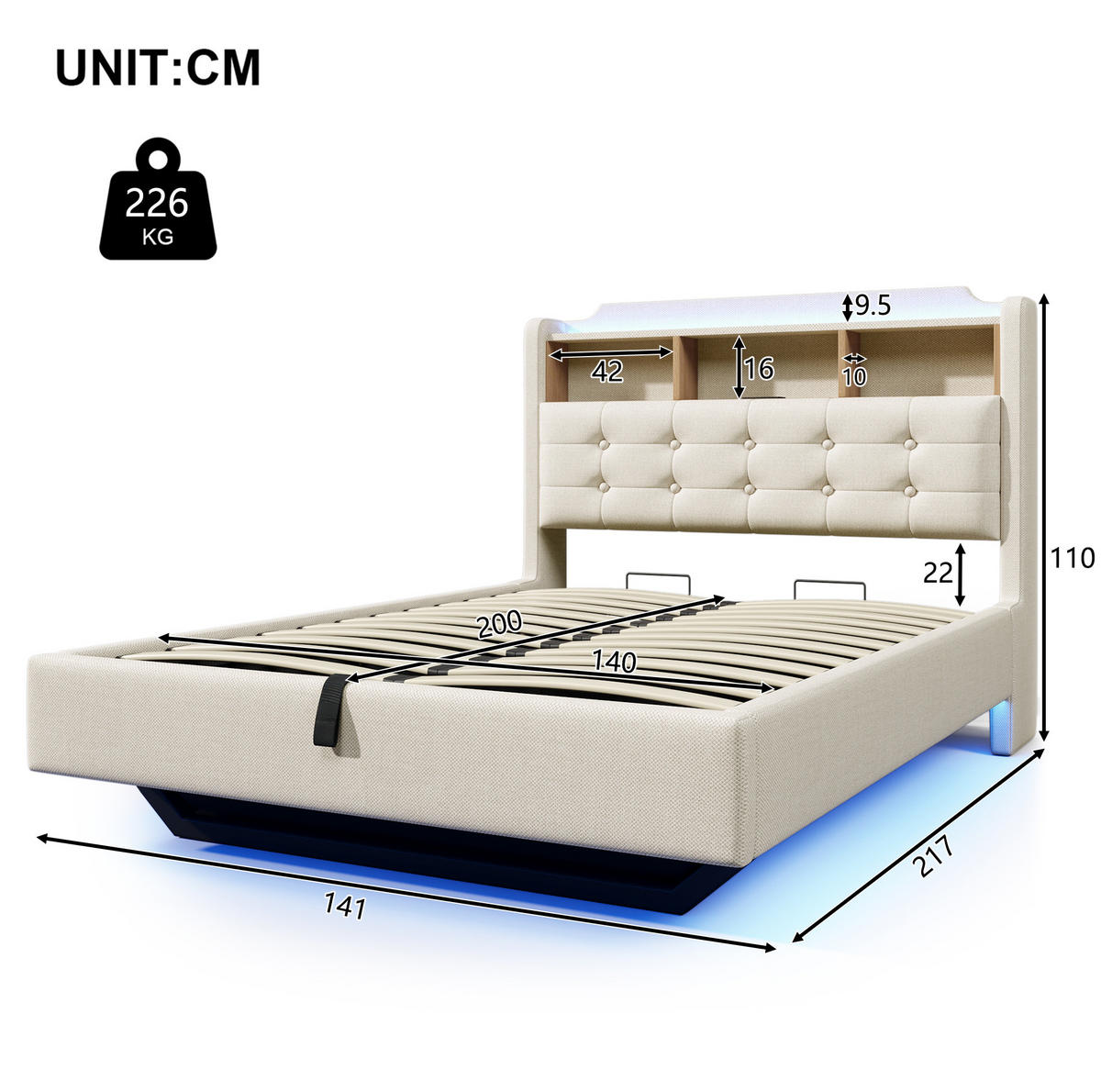 POLSTERBETT aus Leinen und MDF 140x200 cm Beige mit LED-Beleuchtung, Stauraum und USB-/Typ-C-Anschlüssen - Beige, Textil (140/200cm) - IVMEU