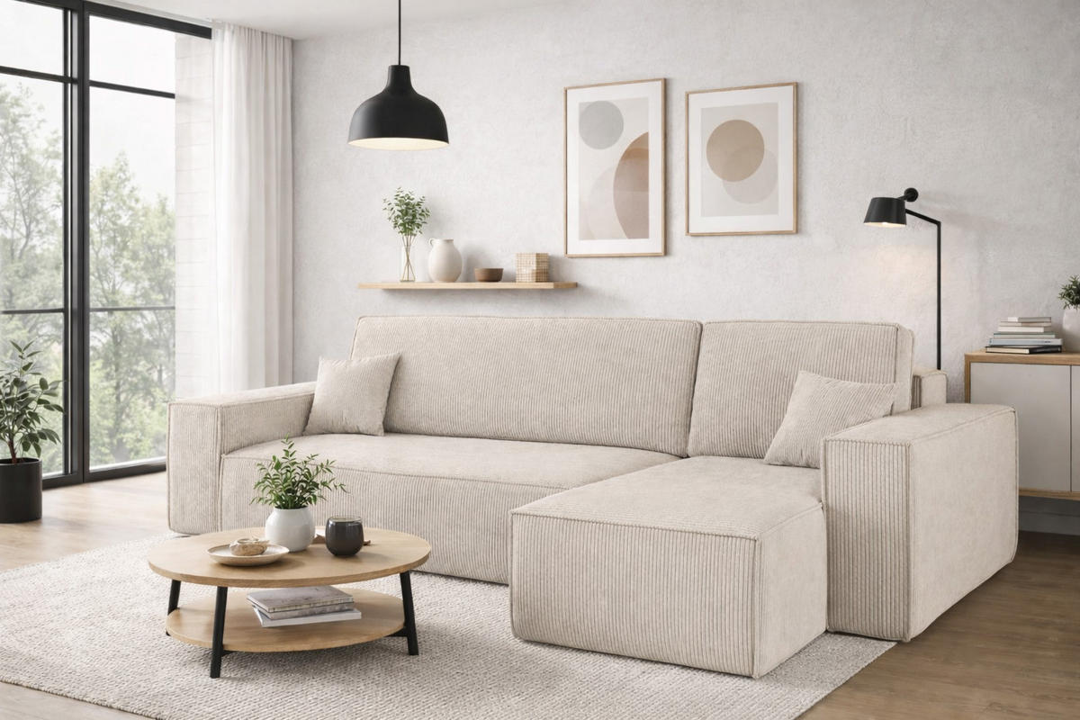ECKSOFA Mit Schlaffunktion Und Bettkasten BEST Stoff Poso Dicker Cord Beige Rechts - Beige, Holz/Textil (244/142cm) - Kaiser Möbel