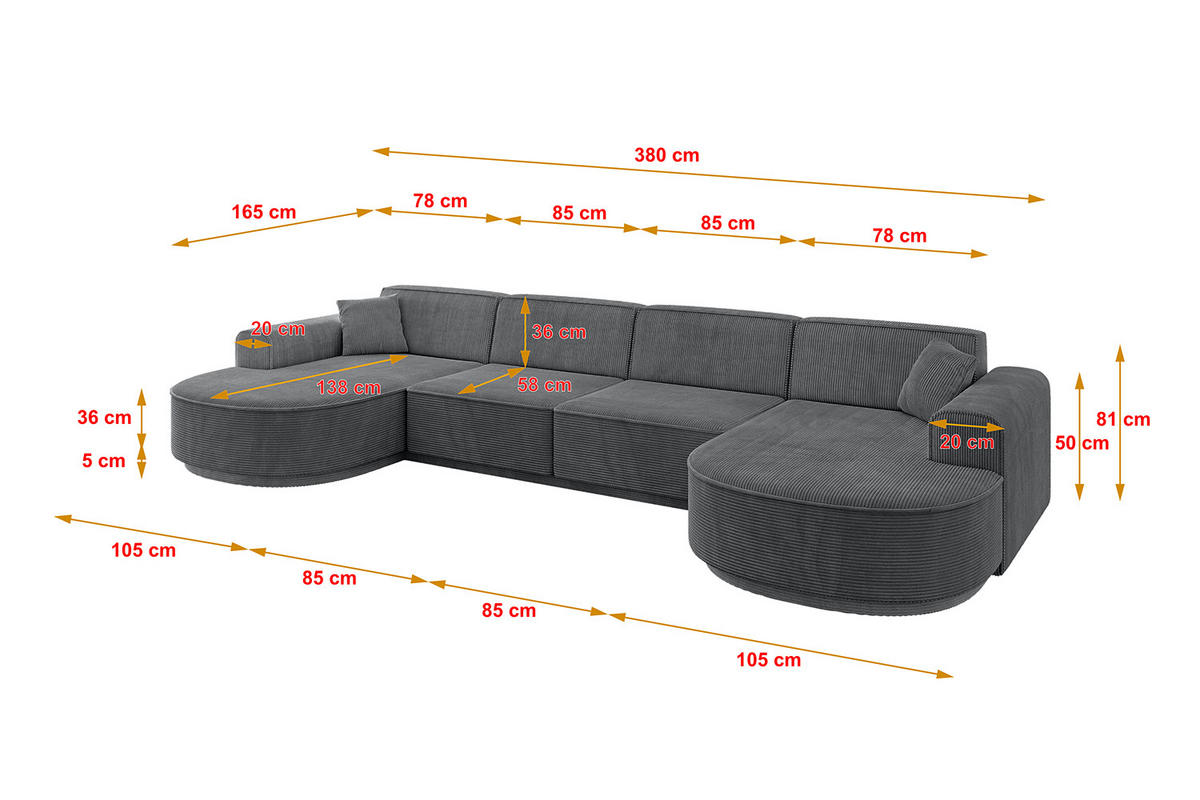WOHNLANDSCHAFT MARI-U2 - 380x163x81 cm Dunkelgrau Cord - Dunkelgrau/Schwarz, Holzwerkstoff/Kunststoff (380/81/163cm) - ALTDECOR