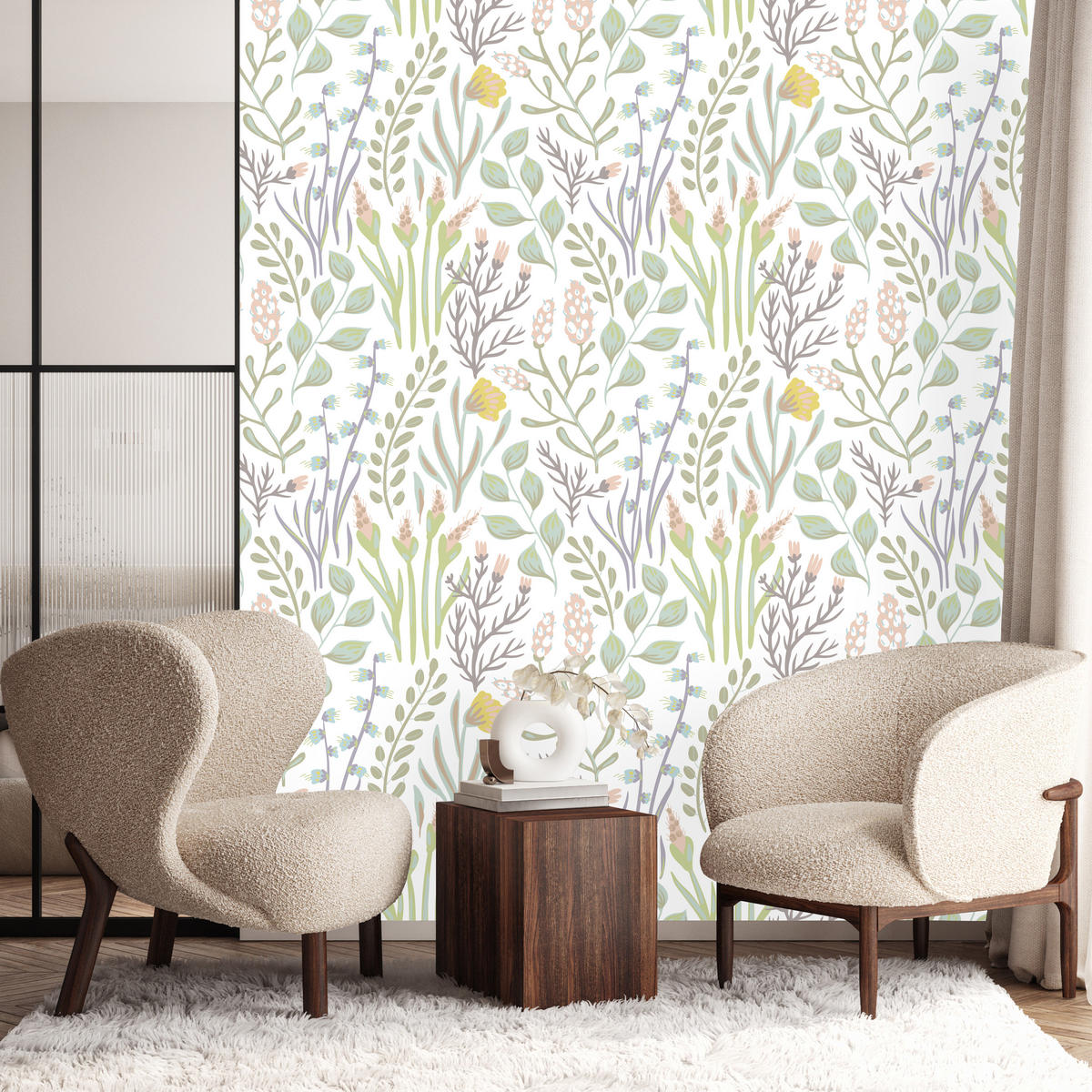 VLIESTAPETE Wiesenblumen und Kräuter – Grün, Beige, Weiß – 50x1000 cm - Beige/Weiß, Papier (50/1000cm) - Muralo
