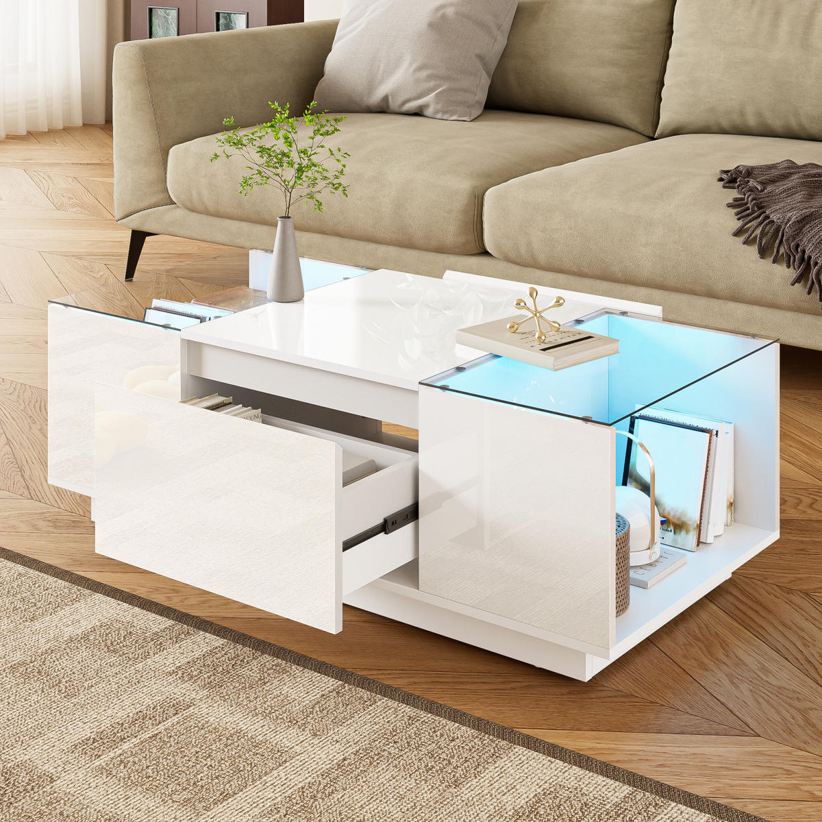 COUCHTISCH Weiß 105 cm mit Stauraum und LED - Weiß, Metall (105/50/35cm)