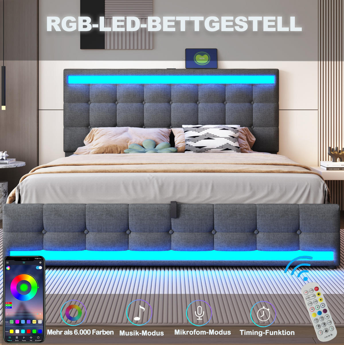 POLSTERBETT 180/200 cm Grau aus Stoff mit LED-Beleuchtung und USB - Grau, Textil (180/200cm) - OKMYHOME