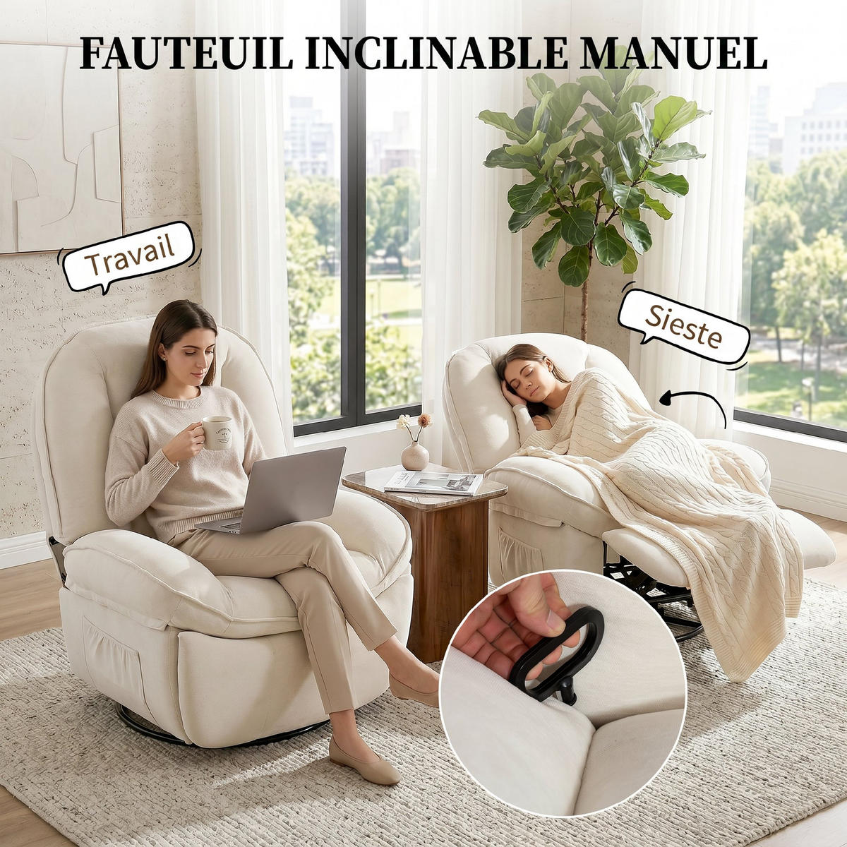 RELAXSESSEL,CHENILLE Liegefunktion 360° drehbar Seitentaschen,cremefarben - Creme, Textil (91/104/93cm) - Vallsero