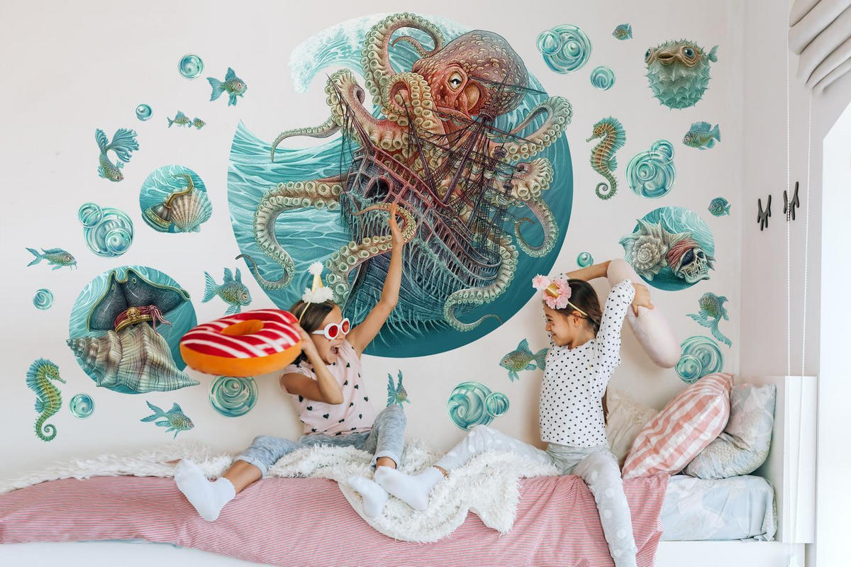 WANDAUFKLEBER 100x116cm - Die Welt des Oktopus - Multicolor, Kunststoff (100/116/0.1cm) - Wallfluent