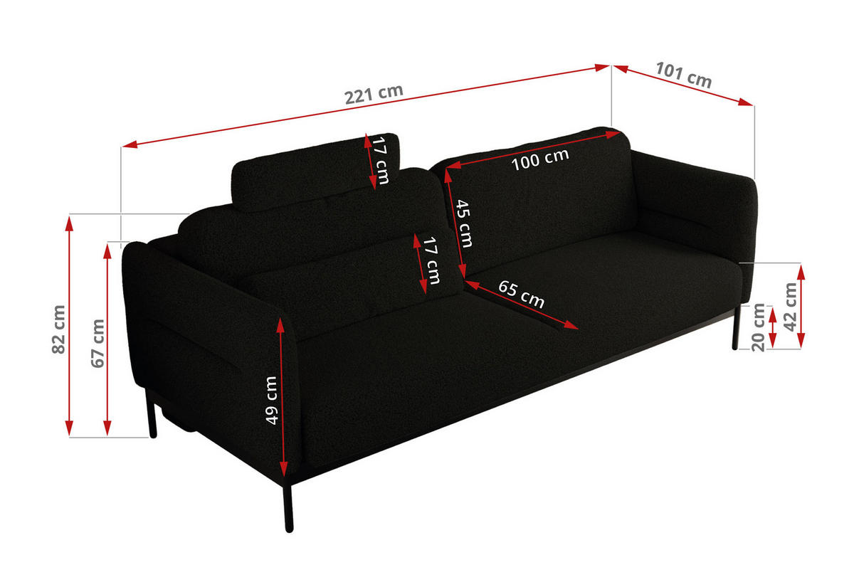 SOFA SALENTO Schwarz Boucle - Schwarz, Textil/Metall (221/82/101cm) - MKS
